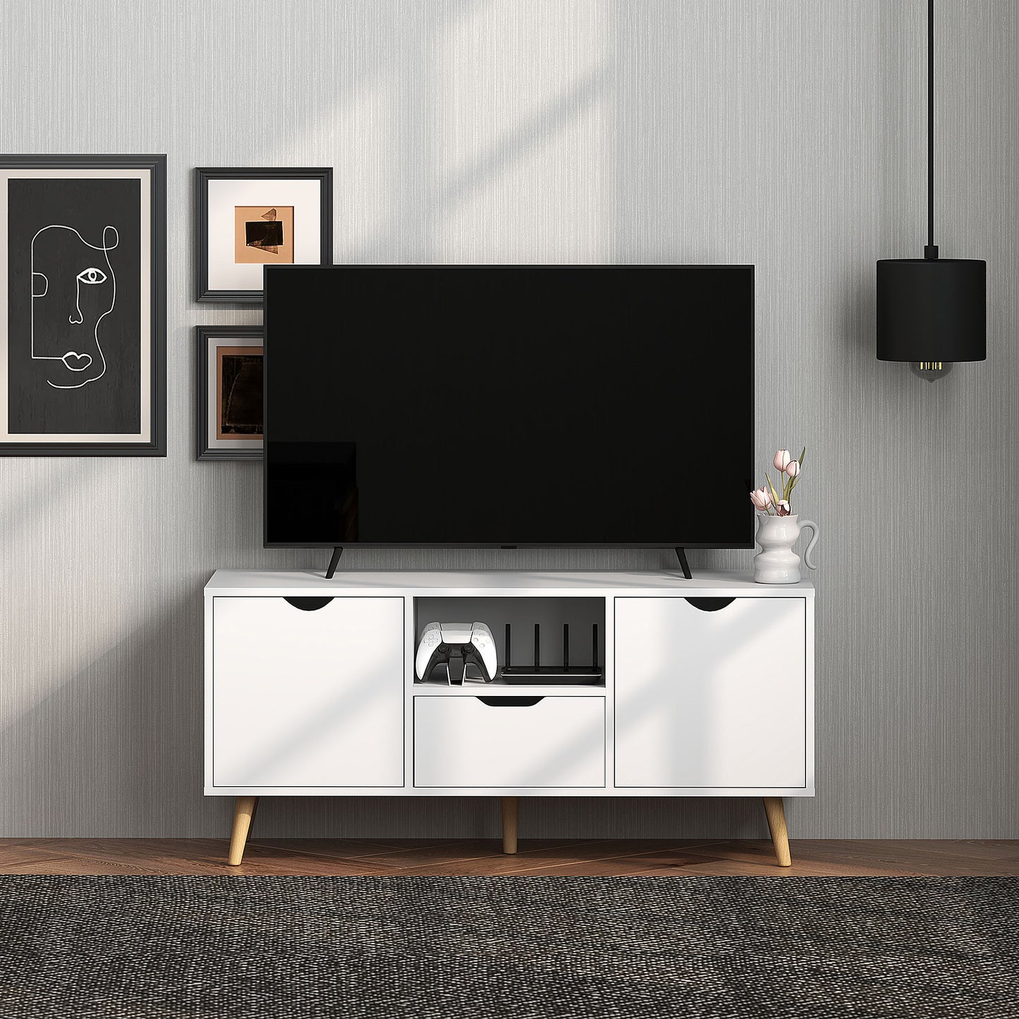TV Stand with Storage for up to 50" TV, Modern TV Table with Open Shelf, Drawer and 2 Cabinets, White
