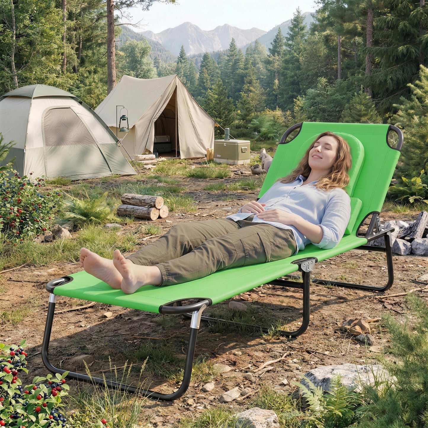 Folding Chaise Lounge Chair, Reclining Beach Tanning Chair with Face Hole, Pillow, 4-Position Adjustable Lay Flat Sun Lounger, Steel Frame for Outdoor Patio Pool, Green