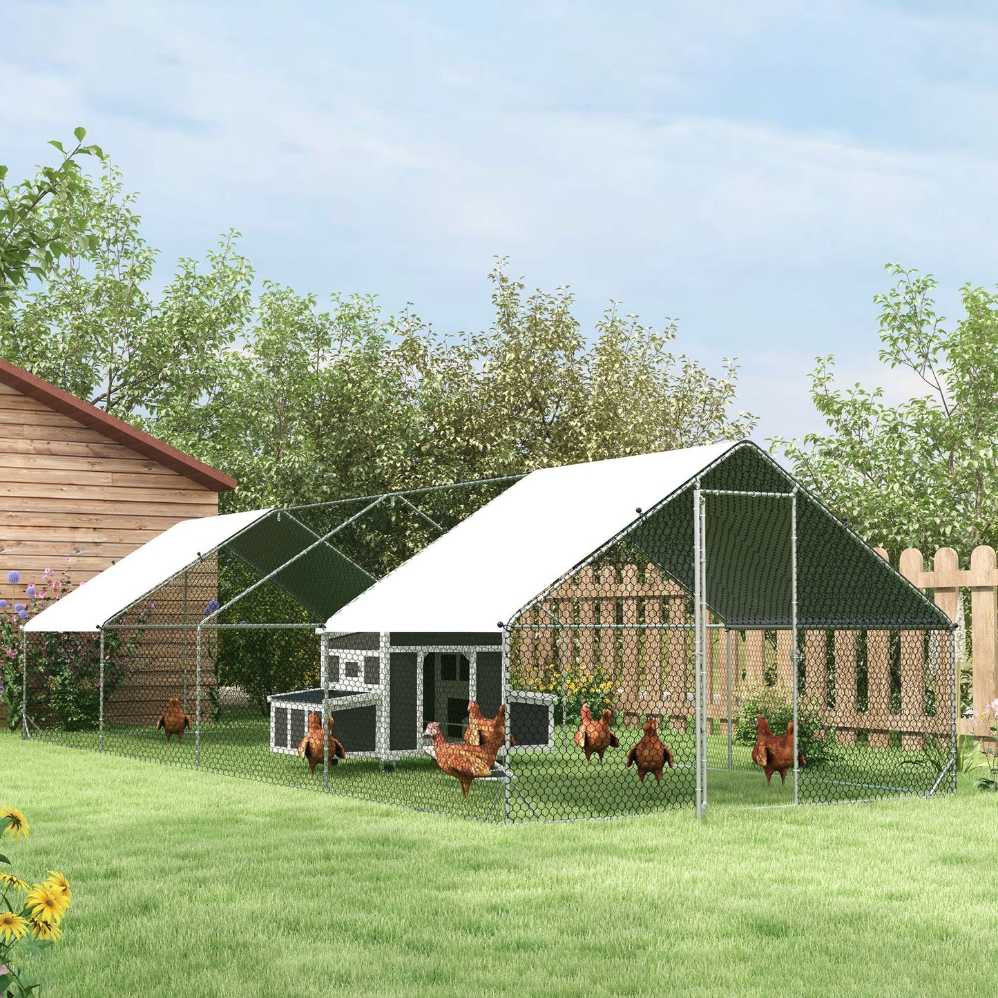 9.8' x 26.2' x 6.6' Chicken Coop Cage, Outdoor Hen House w/Cover & Lockable Door