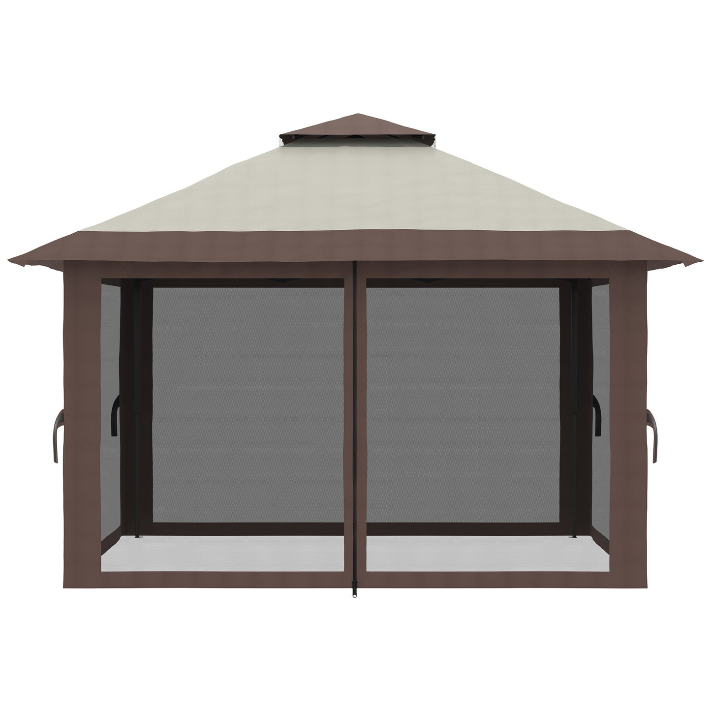 13' x 13' Pop Up Canopy, 2-Tier Roof Easy up Tent Shelter with Nettings Carry Bag Weight Bags for Garden, Patio, Beige