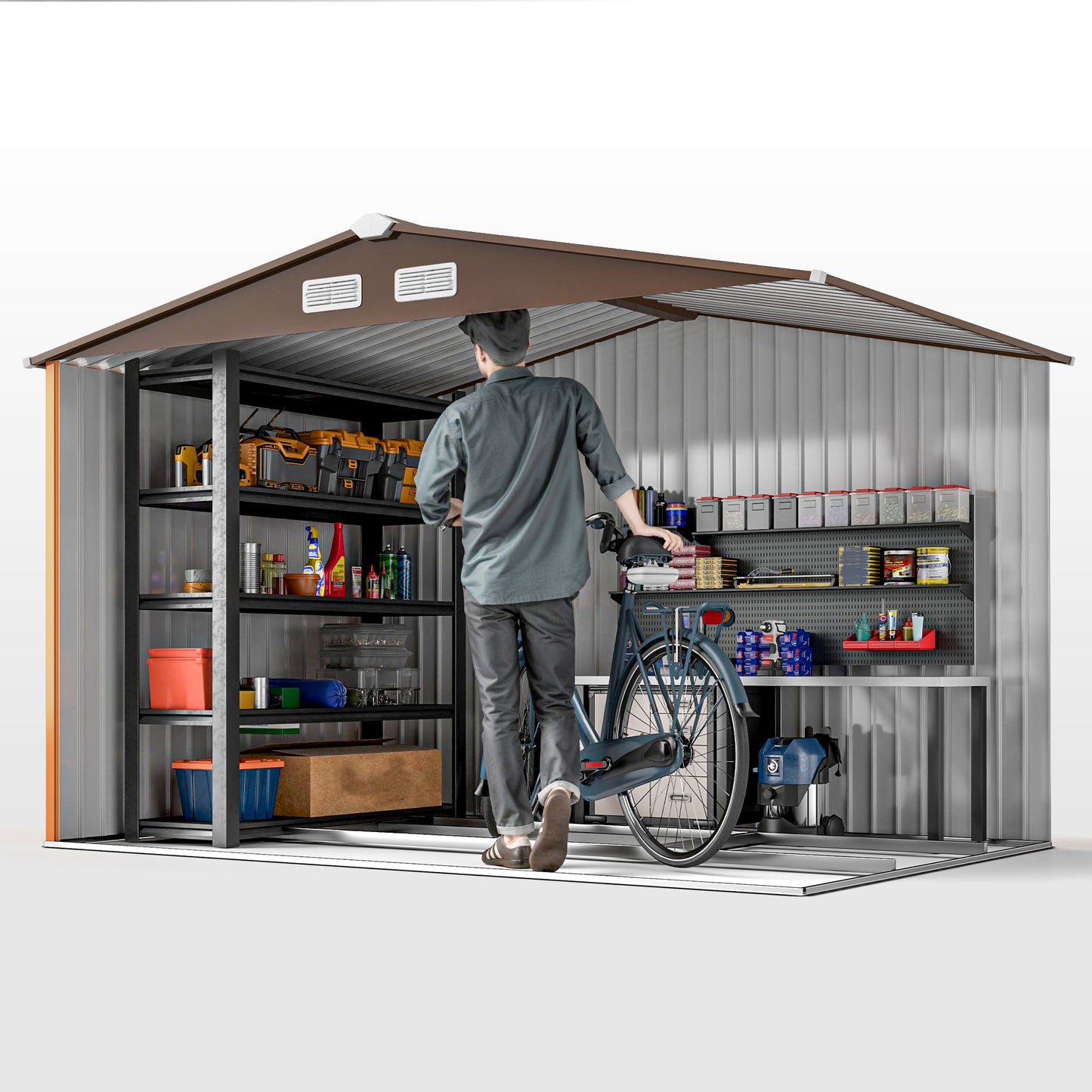 9.1 x 6.4 x 6.3 ft Garden Metal Storage Shed with Floor Foundation, Durable Outdoor Tool Storage House with Double Doors, Weather-Resistant, Dark Grey Yellow