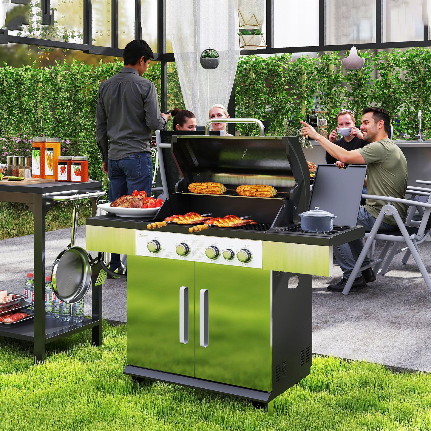 4+1 Burner Liquid Propane Gas Grill Outdoor Portable BBQ with Side Burner, Warming Rack, Side Shelf, Storage Cabinet, Thermometer, 4 Wheels, Tank Holder, Silver