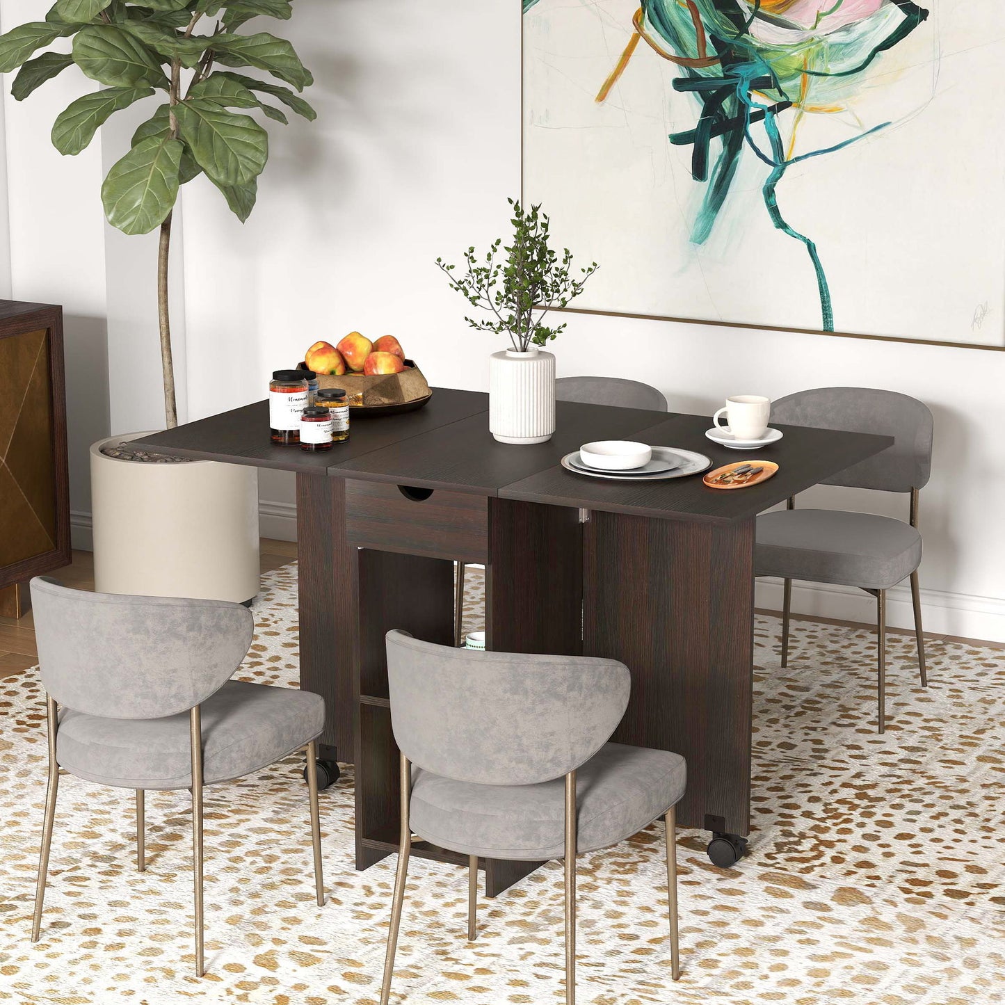 Folding Dining Table, Space Saving Drop Leaf Table with Drawer and Storage Shelves for Kitchen, Dining Room, Dark Brown