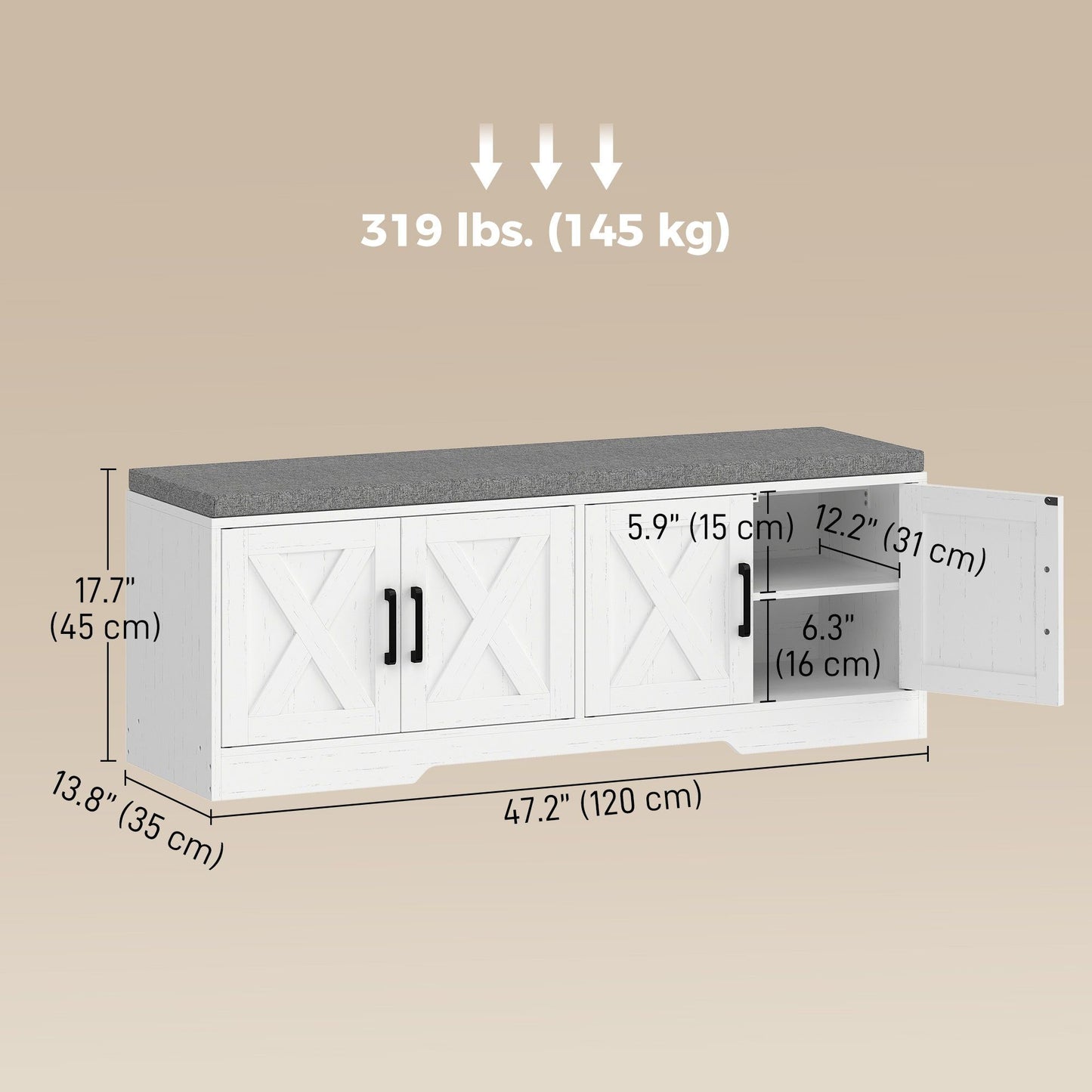 Cushioned Shoe Storage Bench with Doors - White