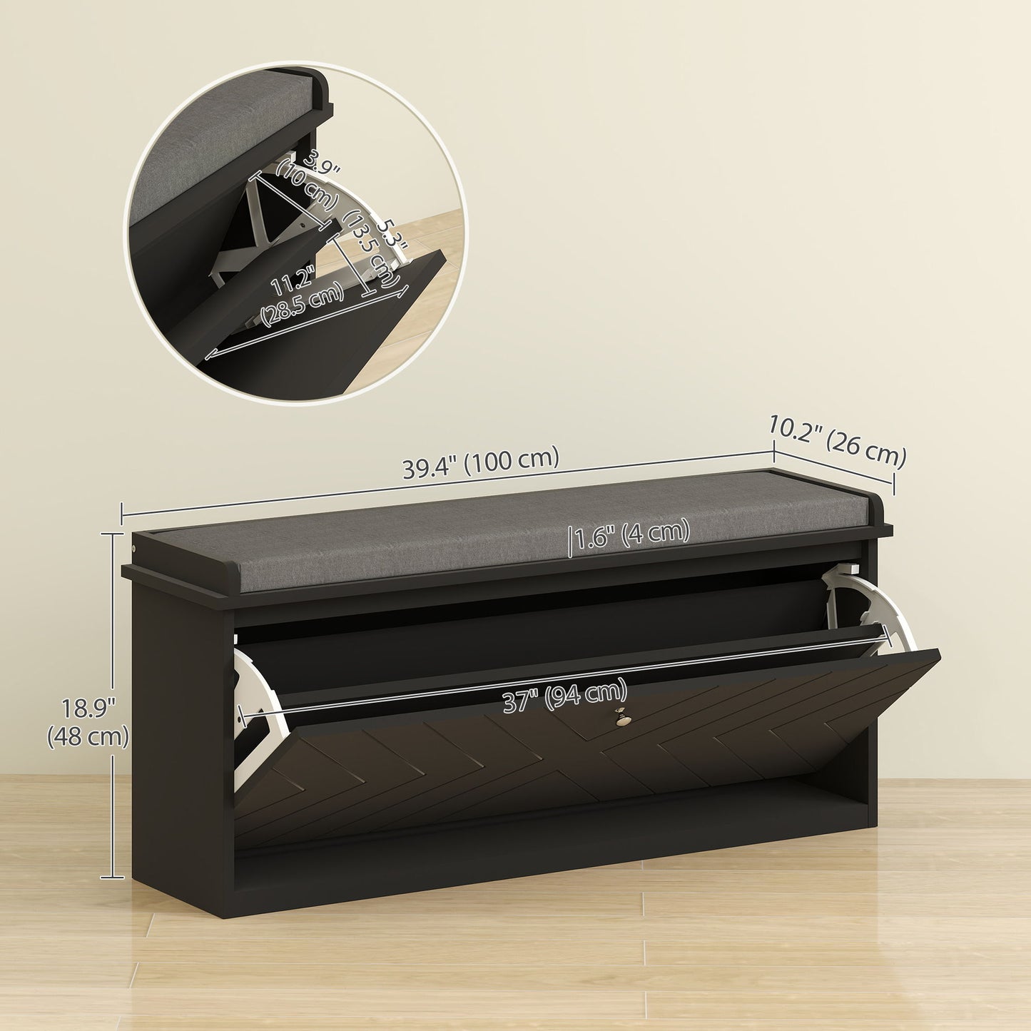 Shoe Storage with Seat, Upholstered Hallway Bench, Shoe Bench with Flip Drawer, Adjustable Shelf for 8-10 Pairs of Shoes