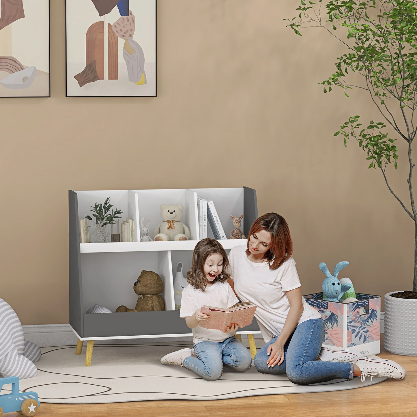 2 Tier Kids Toy Storage Organizer with 5 Compartments, Anti-tip Device, for Nursery, Playroom, Grey