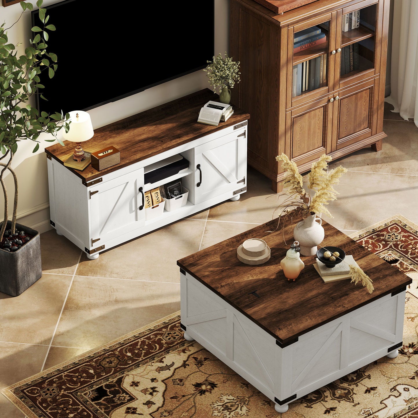 TV Stand and Coffee Table Set, TV Console Table for up to 50" TV, Center Table with Hinged Lift Top, Distressed White