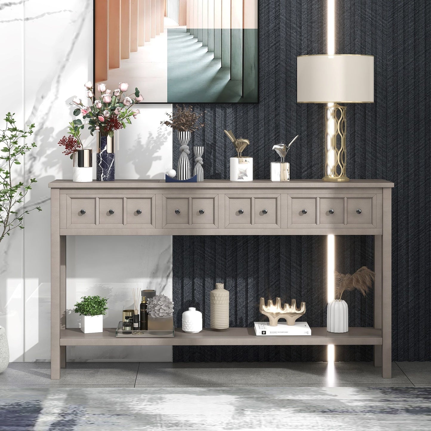 Rustic Entryway Console Table with Two Size Drawers, Bottom Shelf, Distressed Finish, Solid Timber Frame, 60" L x 11" W x 34" H, Gray