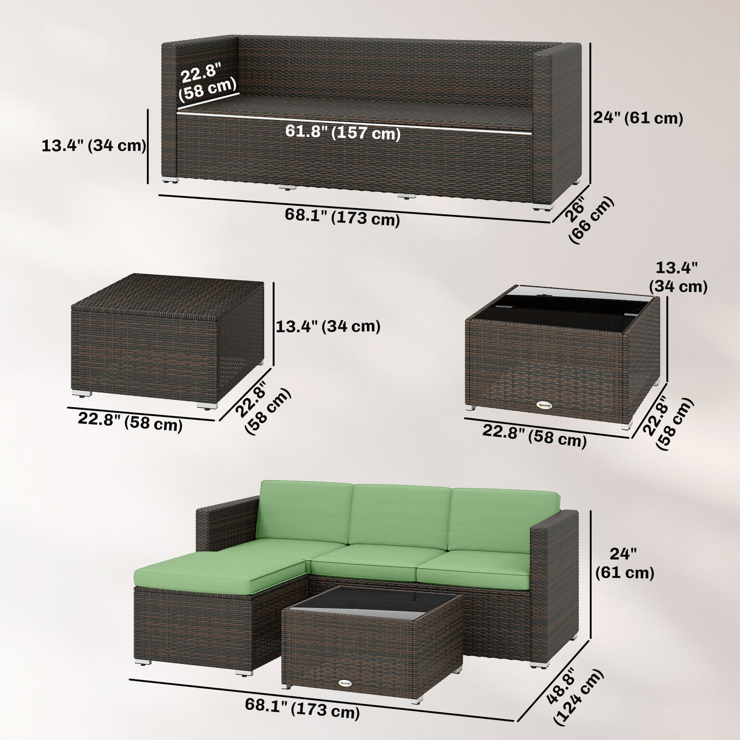 3 Pieces Patio Furniture Set with Cushions, Outdoor PE Rattan Wicker Conversation Corner Sofa Set, Light Green