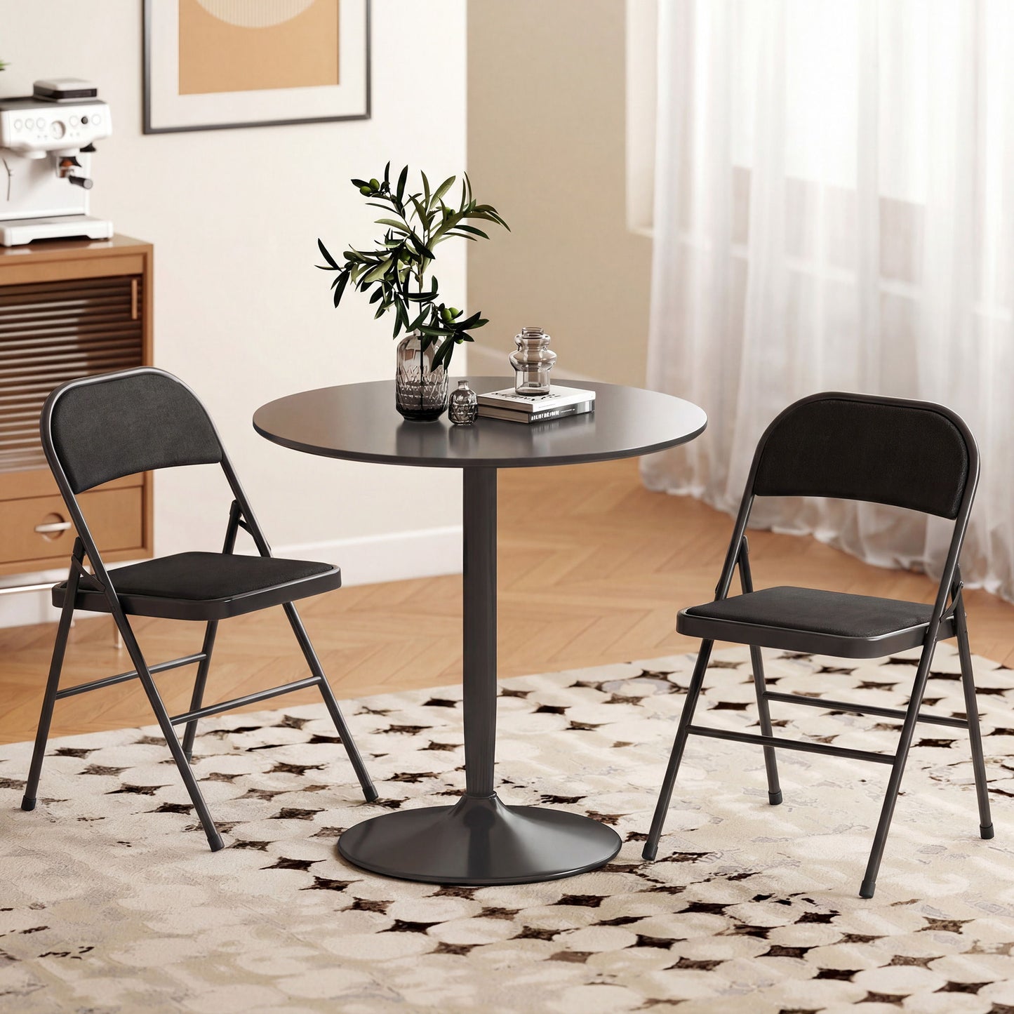 Set of 2 Metal Foldable Chairs, Linen Fabric Padded Folding Chairs with Cushion Seat and Open Back for Indoor, Black