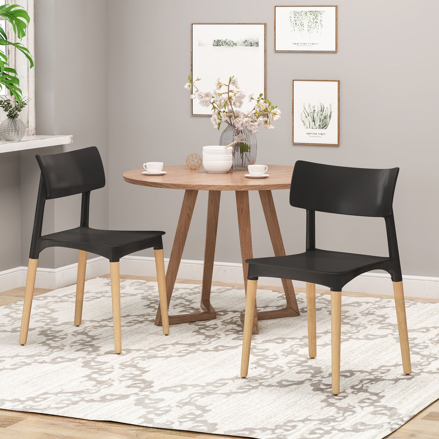 Set of 2 Durable Plastic Dining Chair with Beech Wood Legs, 19.5" L x 19" W x 31.5" H, Black