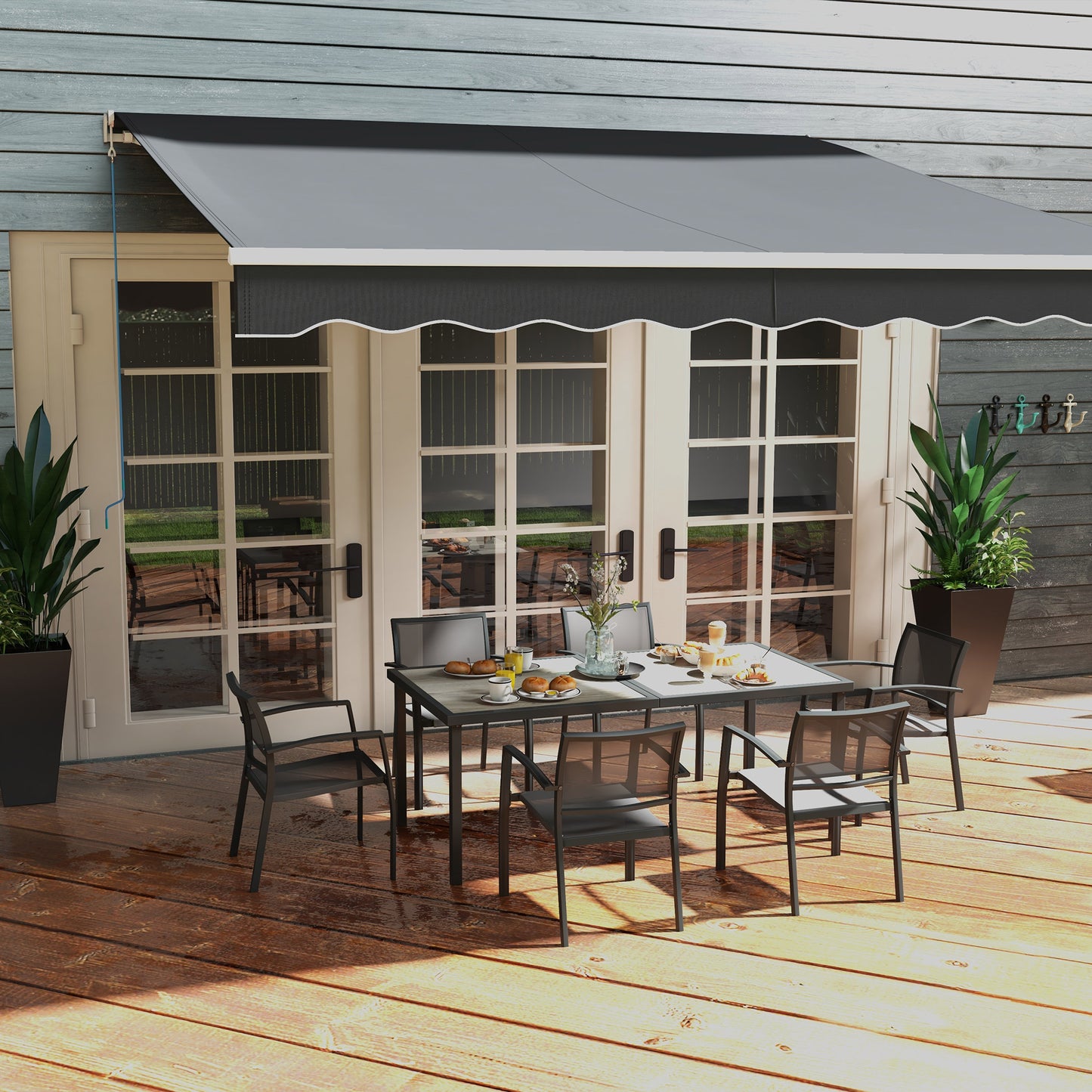 7 Pieces Outdoor Dining Set with 6 Stackable Chairs, Patio Table and Chairs with Plastic Top, Breathable Mesh Seat Back