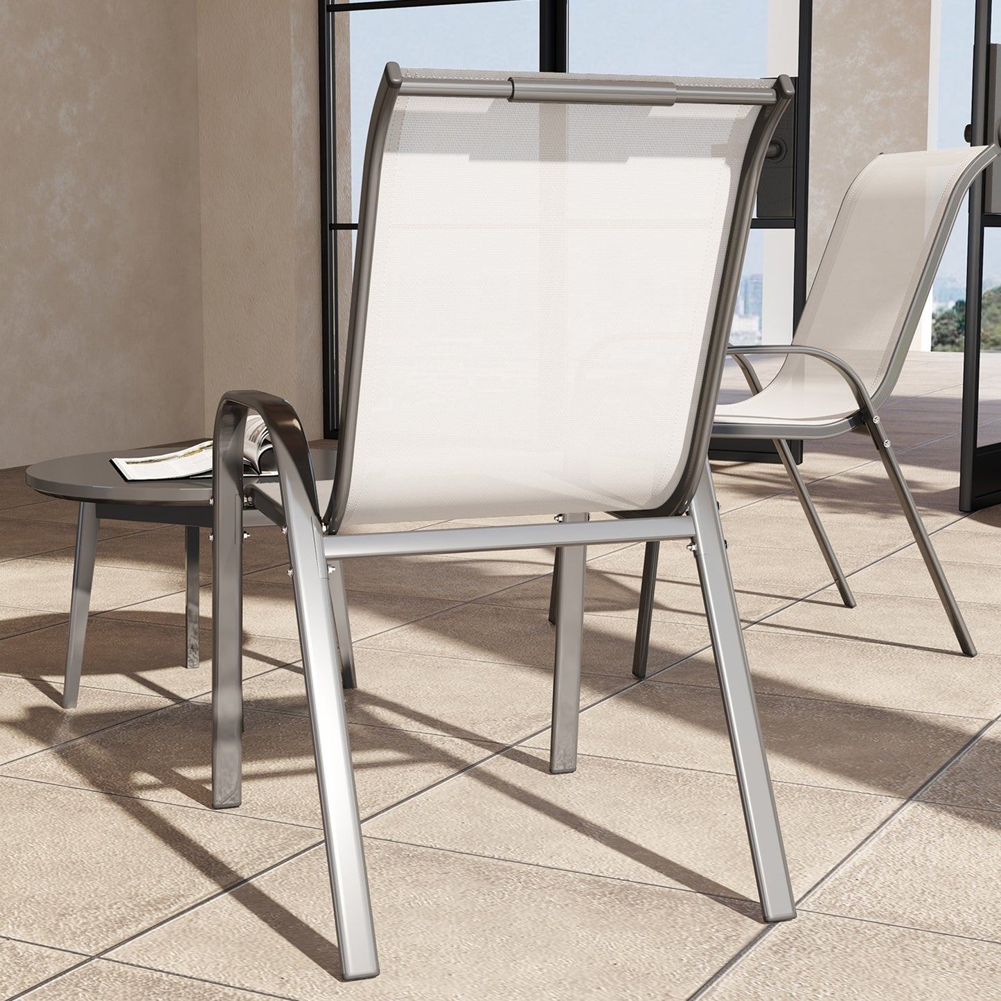 Set of 2 Outdoor Dining Chairs, Stackable Lawn Chairs with High Back, Breathable Mesh Seat for Garden Porch, Black