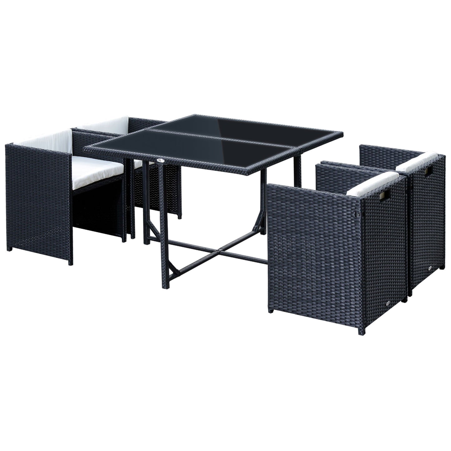 5 Pieces Wicker Patio Dining Set Outdoor Furniture Set with Removable Cushions, Glass Top Dining Table, PE Rattan Conversation Set for Garden Poolside Backyard, Cream