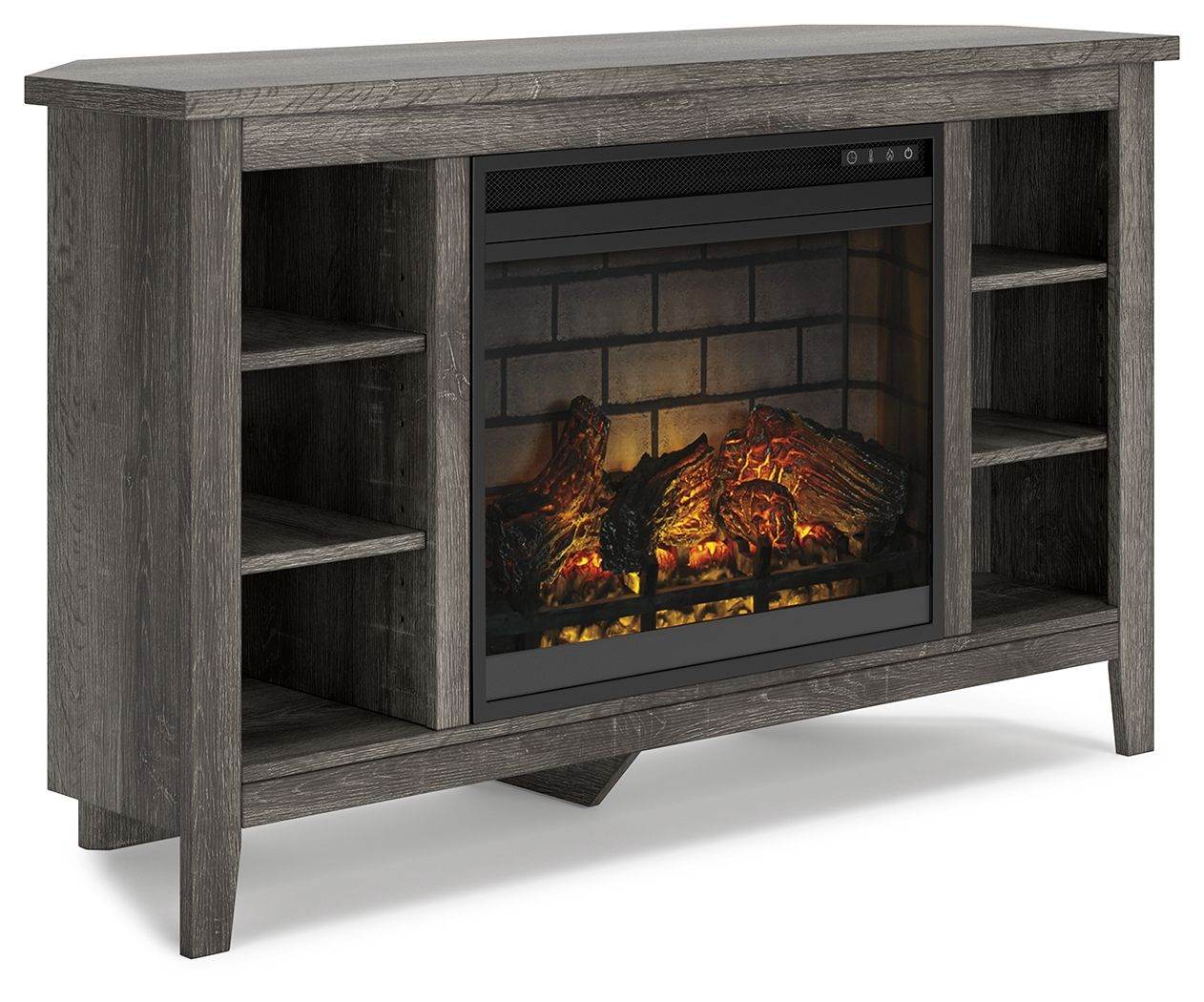Arlenbry - Gray - Corner TV Stand With Faux Firebrick Fireplace Insert - Forward Furniture