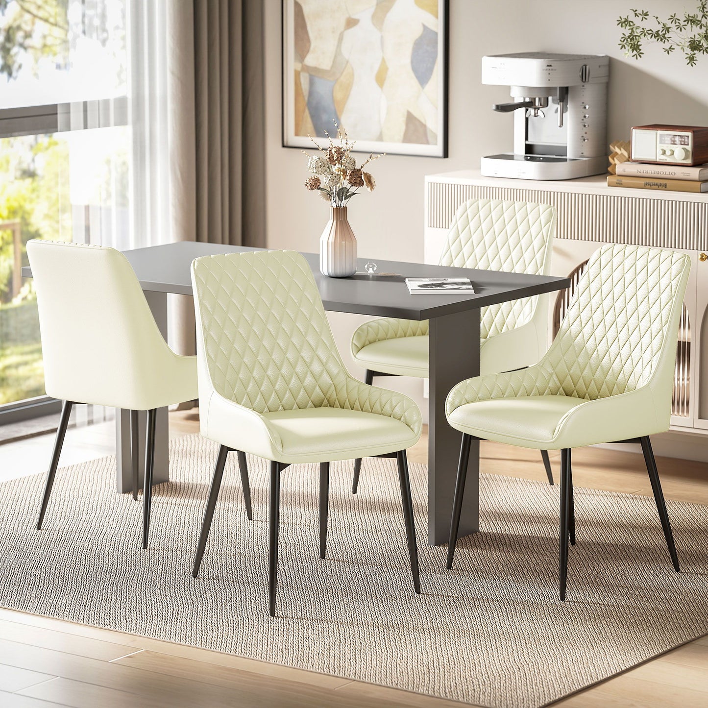 Set of 4 Upholstered Kitchen Chairs, Modern Dining Chairs with Diamond Tufting and Steel Legs for Dining Room, Cream White