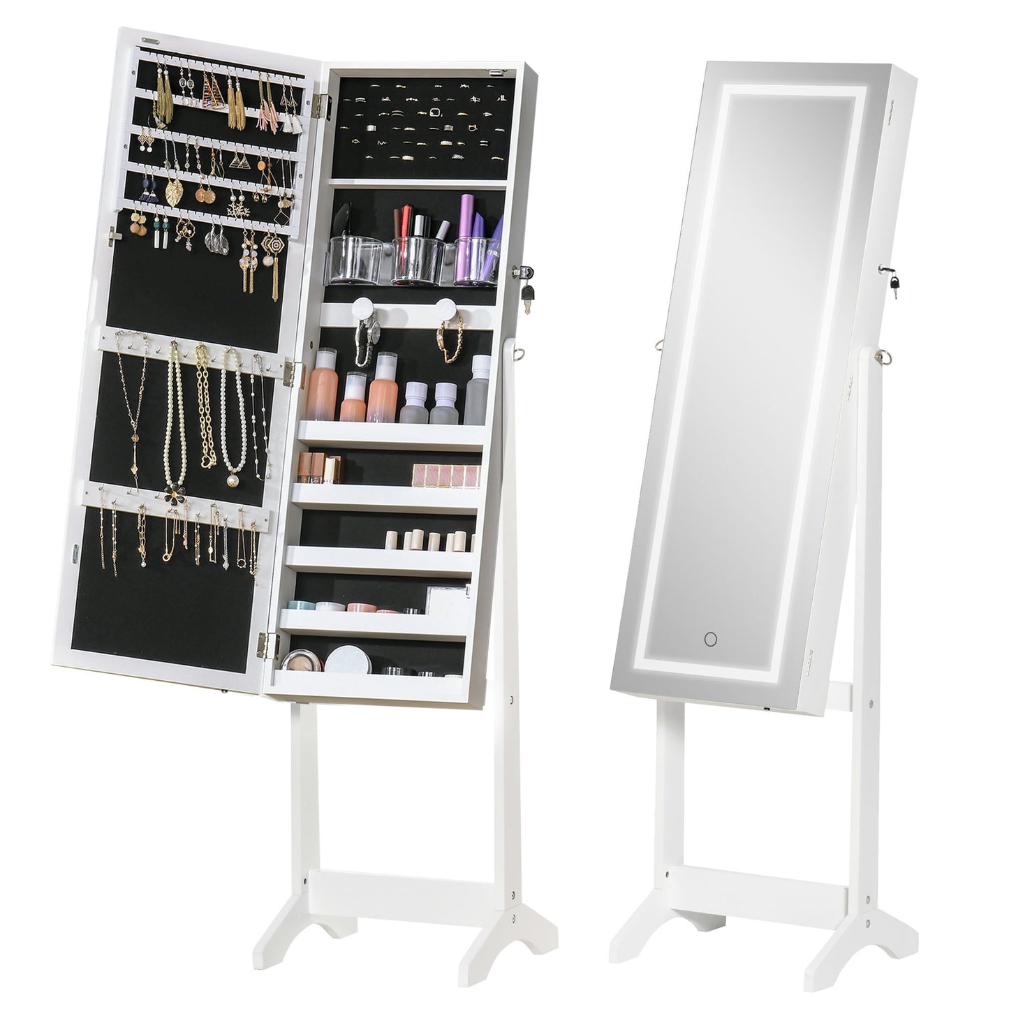 Lockable Jewelry Armoire with LED Light, Standing Mirror with Storage for Bedroom Dressing Room, White