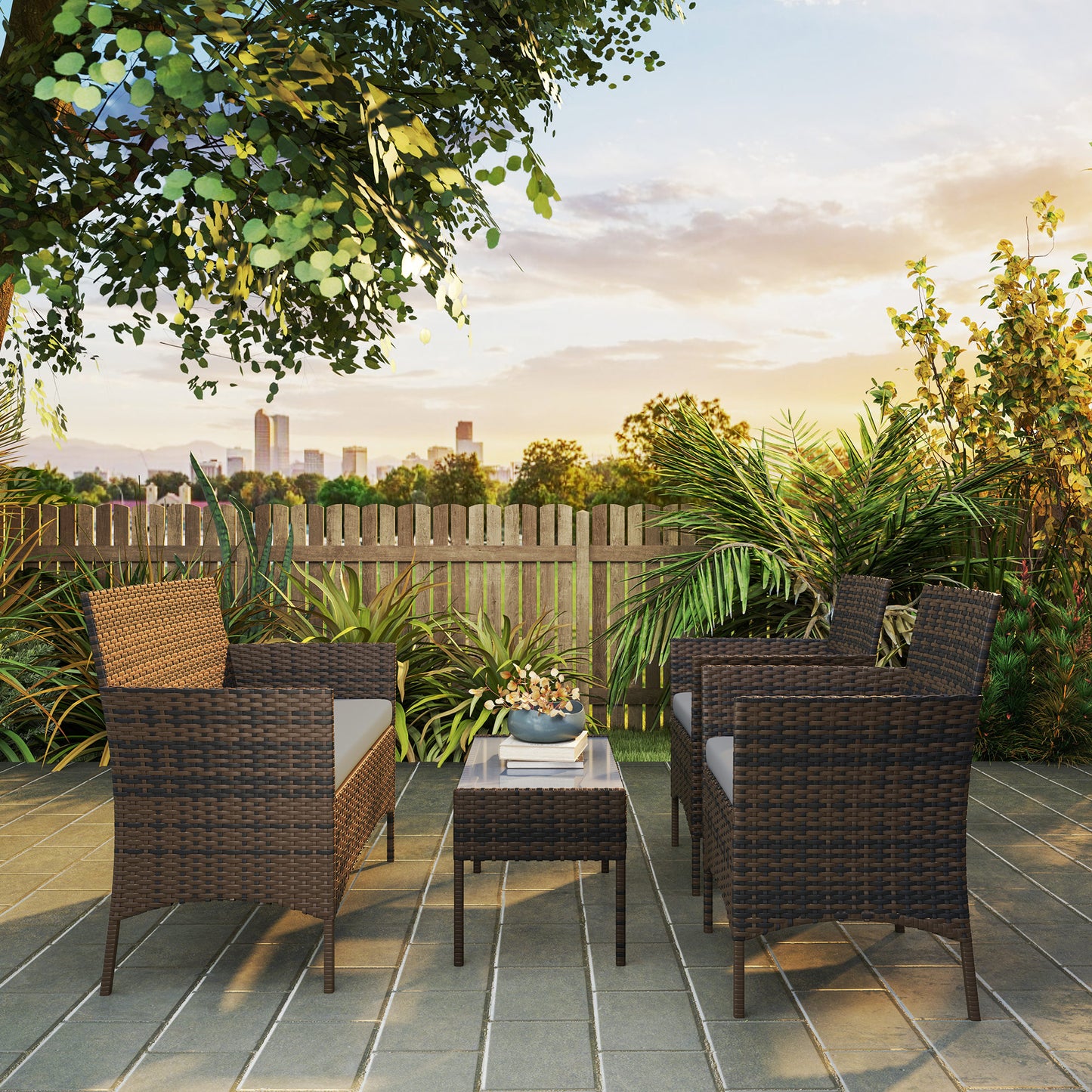 4 Pieces Wicker Outdoor Balcony Furniture Set Rattan Patio Furniture Set with Loveseat Chairs Glass Coffee Table Beige