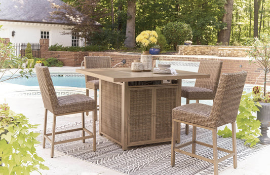 Walton Bridge - Driftwood - 5 Pc. - Square Bar Table W/Fire Pit, 4 Barstools - Forward Furniture