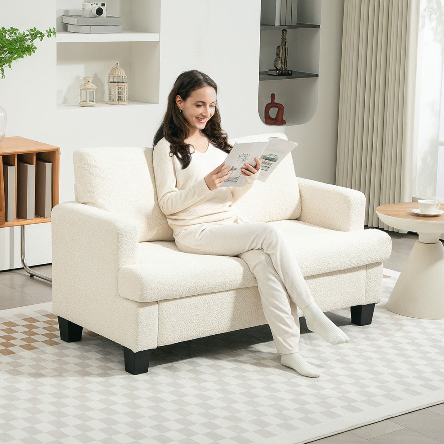 54.3" Loveseat Sofa, 2 Seater Sofa with Removable Cushions, Small Couch with Wood Frame for Living Room, Cream White