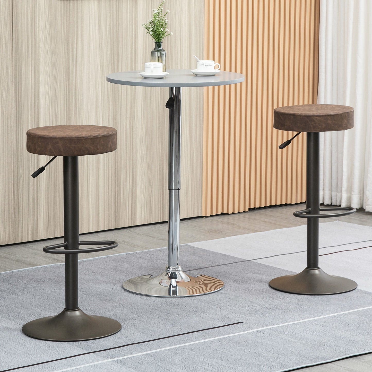Modern Adjustable Bar Stools Set of 2, Swivel Barstool with Footrest, PU Leather Round Top for Kitchen, Brown