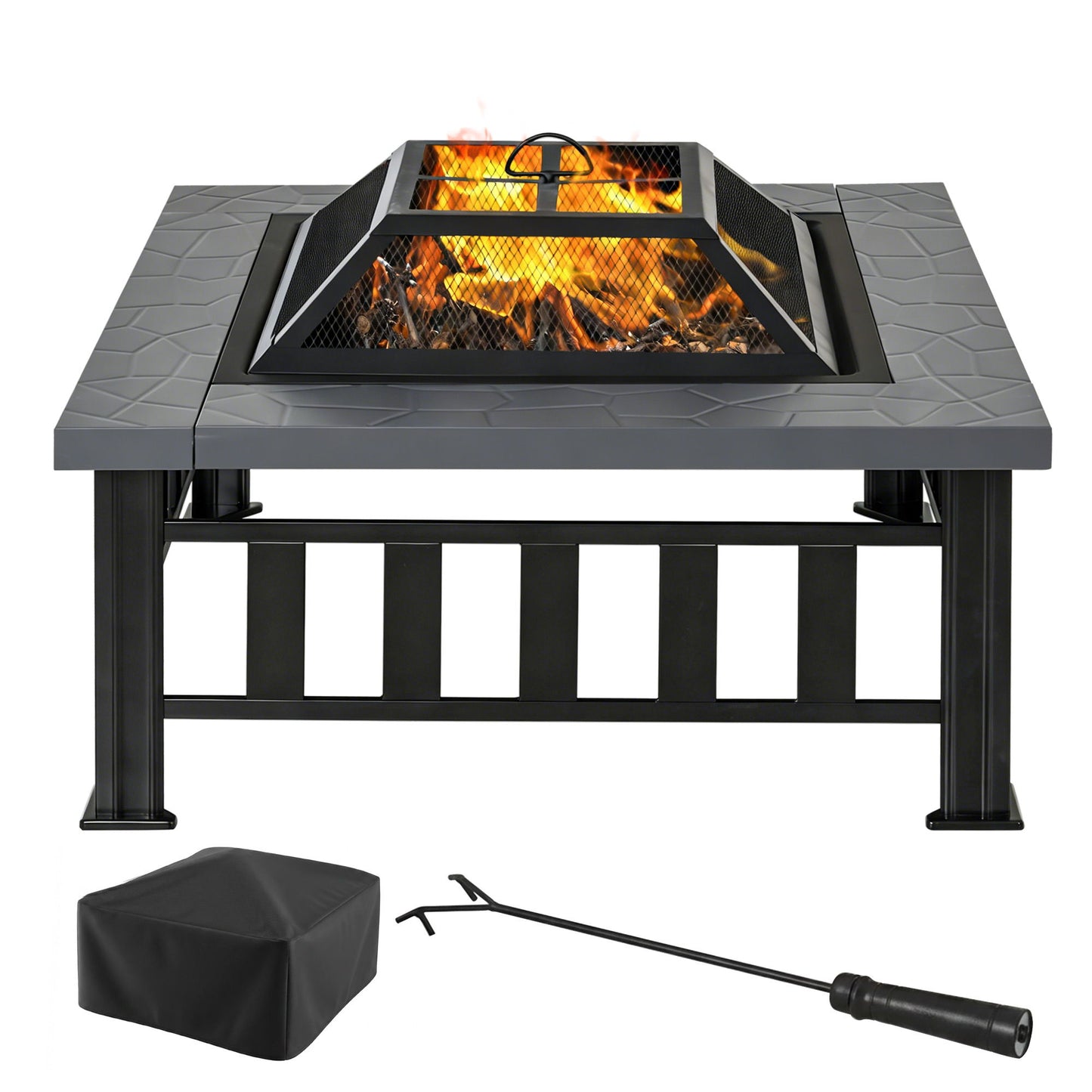 34" Outdoor Square Firepit Steel Stove Portable with Spark Screen Cover Log Grate Poker and Rain Cover for Outside Wood Burning and Camping Black