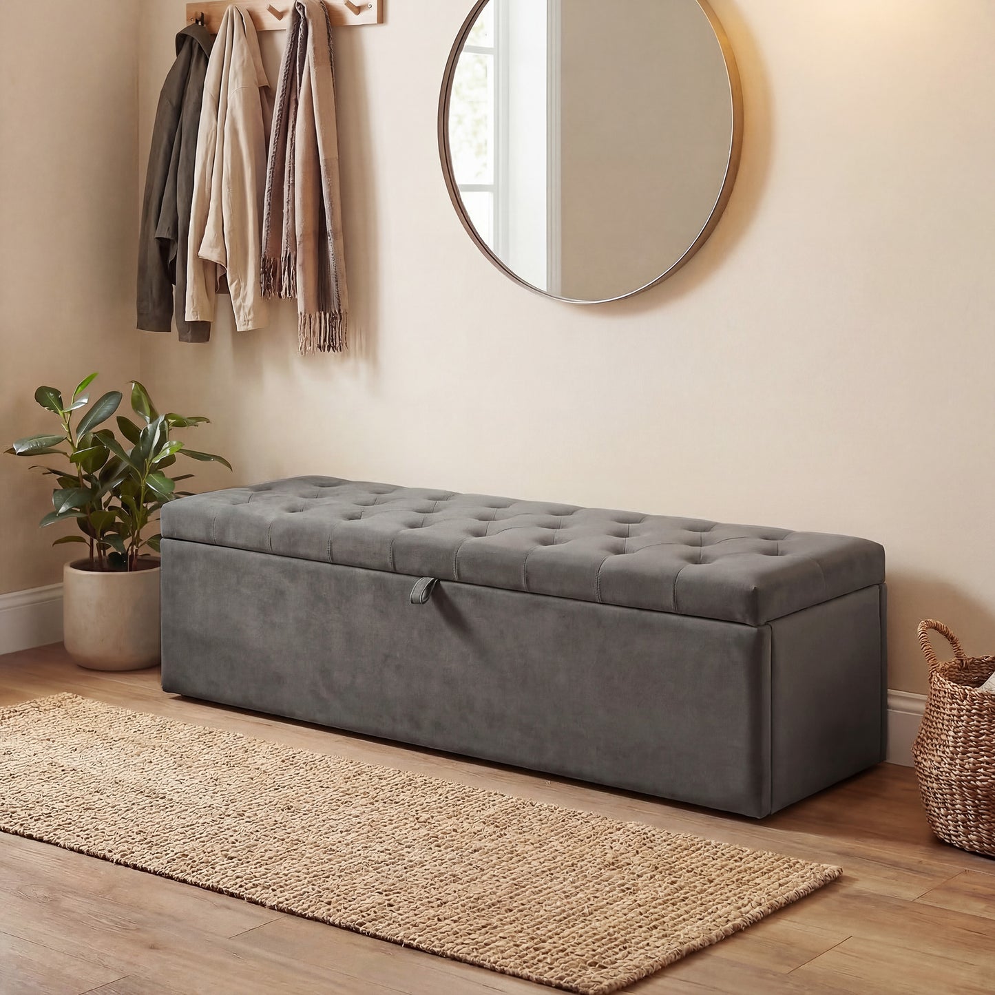 Storage Ottoman, Upholstered Velvet End of Bed Bench, Button Tufted Storage Bench for Bedroom, Living Room, Grey