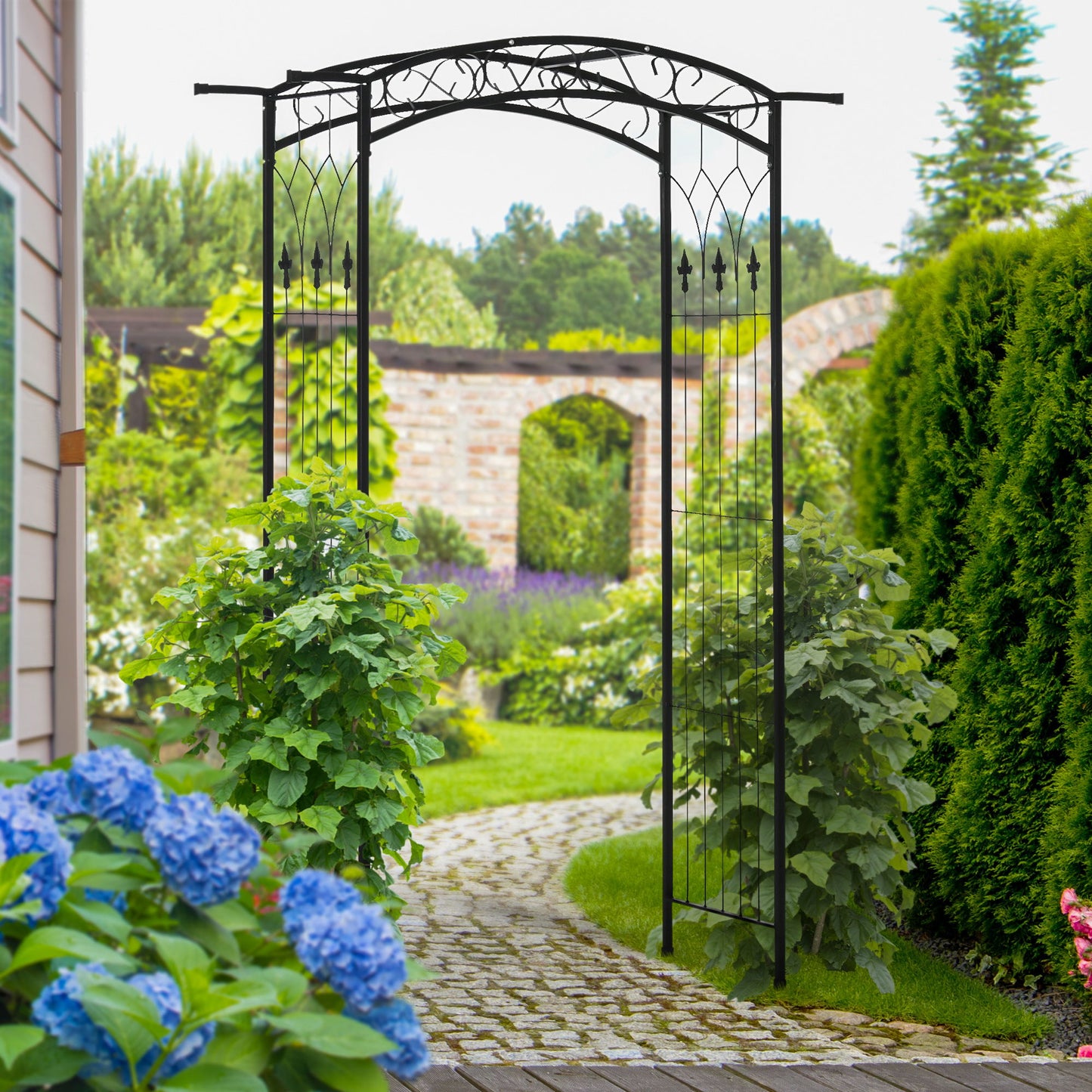 7Ft Outdoor Garden Arbor, Wedding Arch for Ceremony, Trellis with Scrollwork Design, Ideal for Climbing Vines and Plants, Black