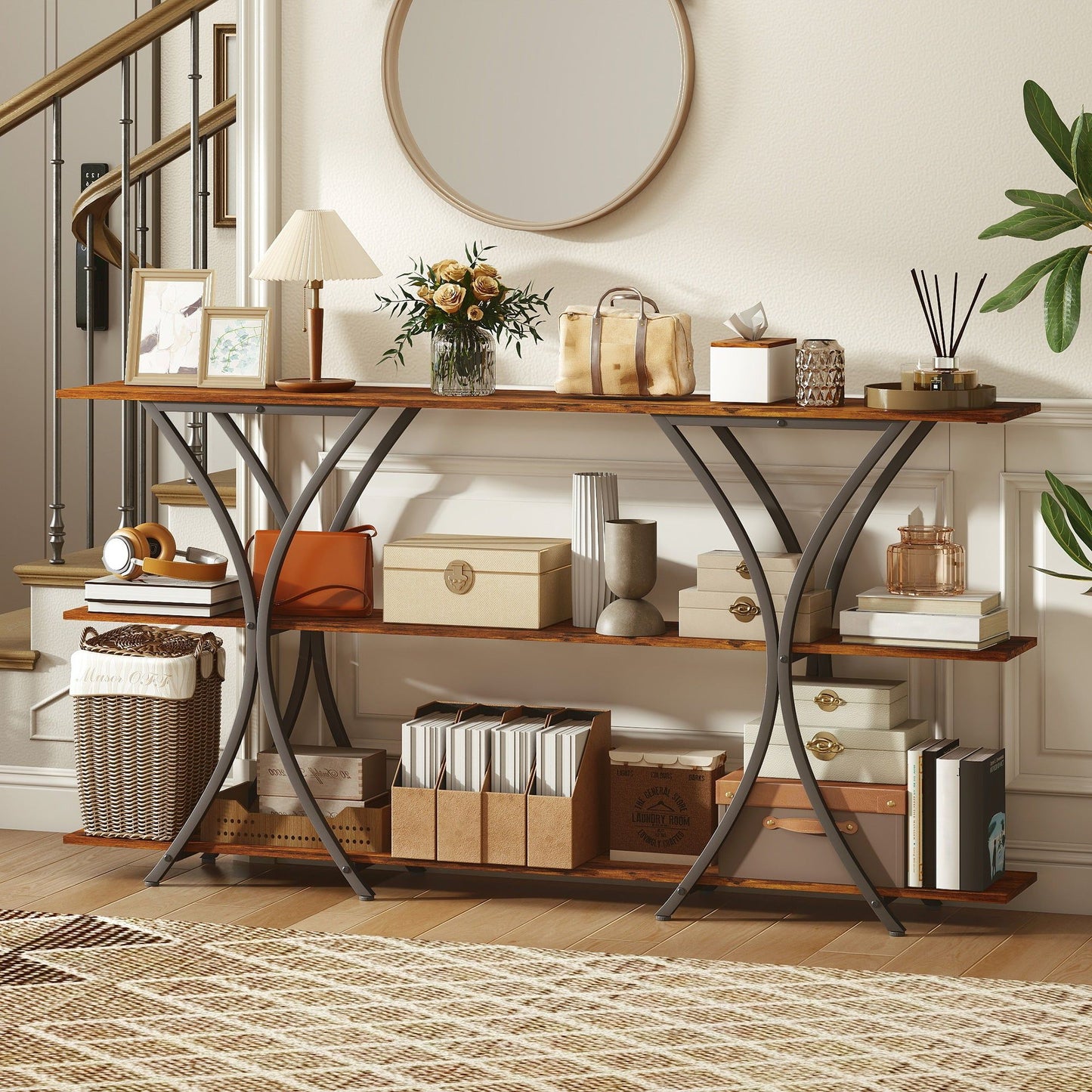 71" Industrial Console Table with 2 Shelves - Rustic Brown
