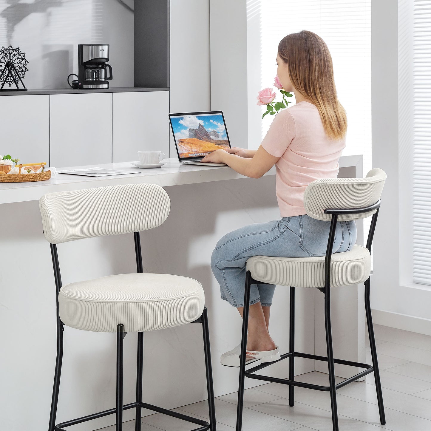 Set of 2 Barstools, Upholstered Corduroy Bar Stools with Backrest, Footrest for Kitchen Island, Dining Room, Cream White
