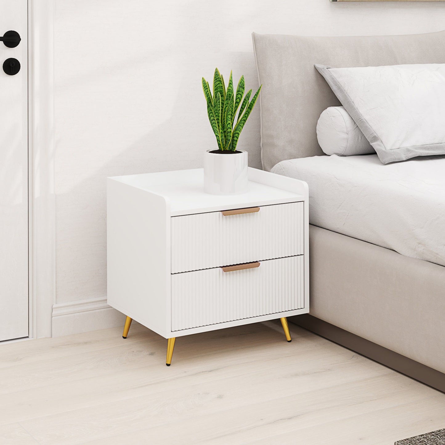 Nightstand with 2 Drawers & Metal Legs - White