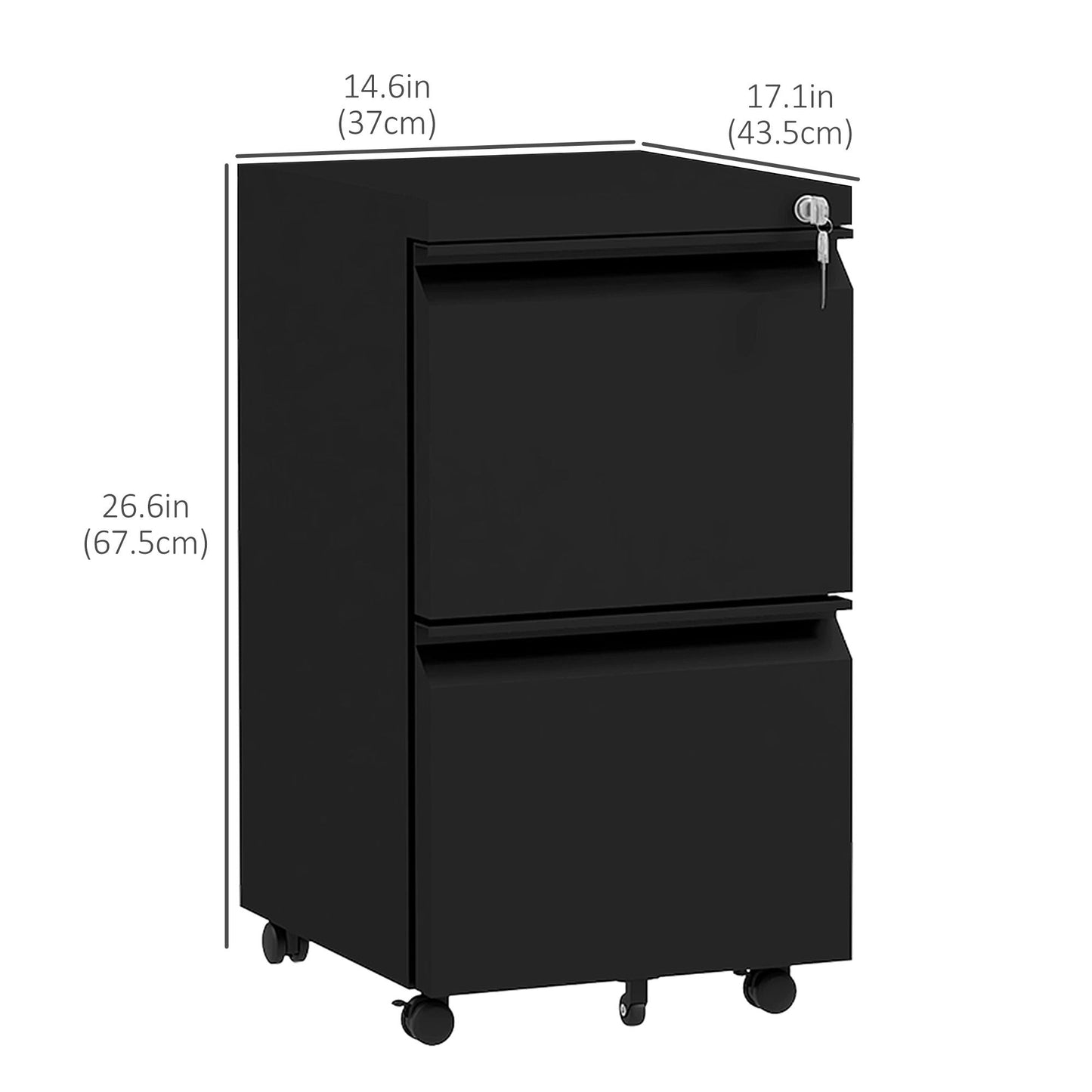 Mobile Vertical Filing Cabinet with Lock, 2-Drawer Steel File Cabinet with Adjustable Hanging Bar for Letter, A4 and Legal Size, Black