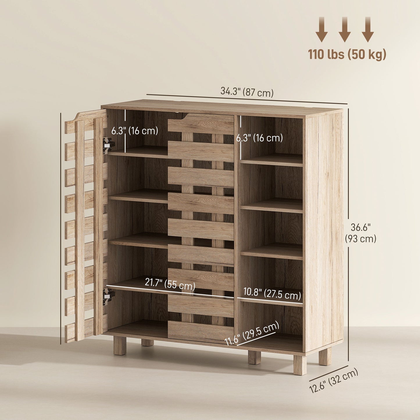 Shoe Cabinet, 21 Pair Shoe Storage Cabinet Organizer with 5-tier Double Door Cabinet and 5-tier Open Shelves, Beige