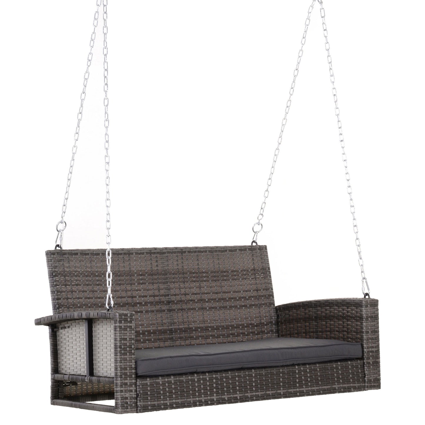 2-Person Patio Porch Swing Chair, Outdoor Rattan Hanging Bench with Cushion & 7.2 ft Steel Chains, Grey