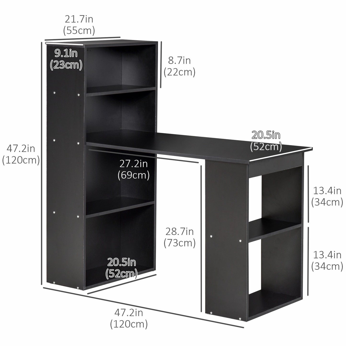 47" Computer Desk with Bookshelf - Black