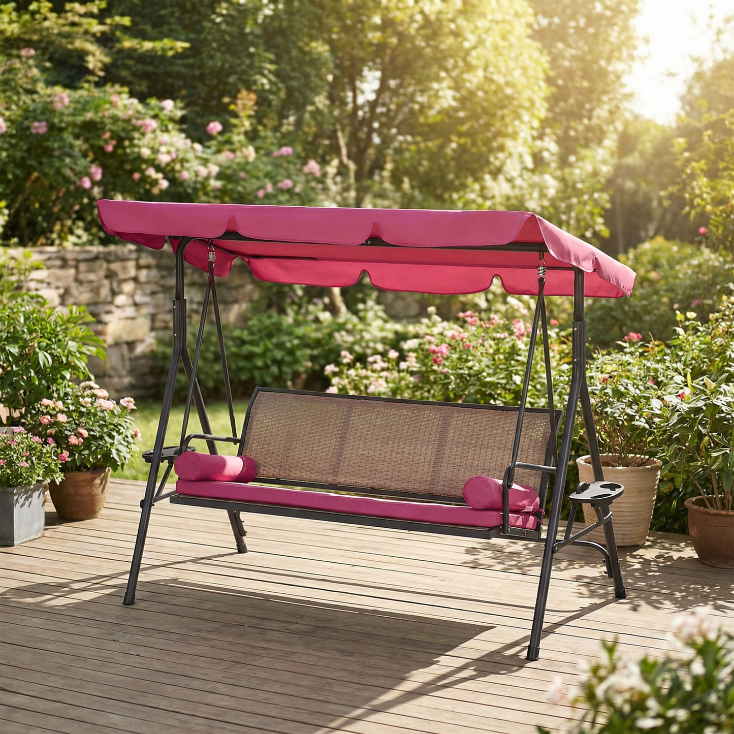 Outdoor 3-Seat Porch Swing with Canopy, Rattan Seat, Removable Cushion, Pillows and Steel Frame