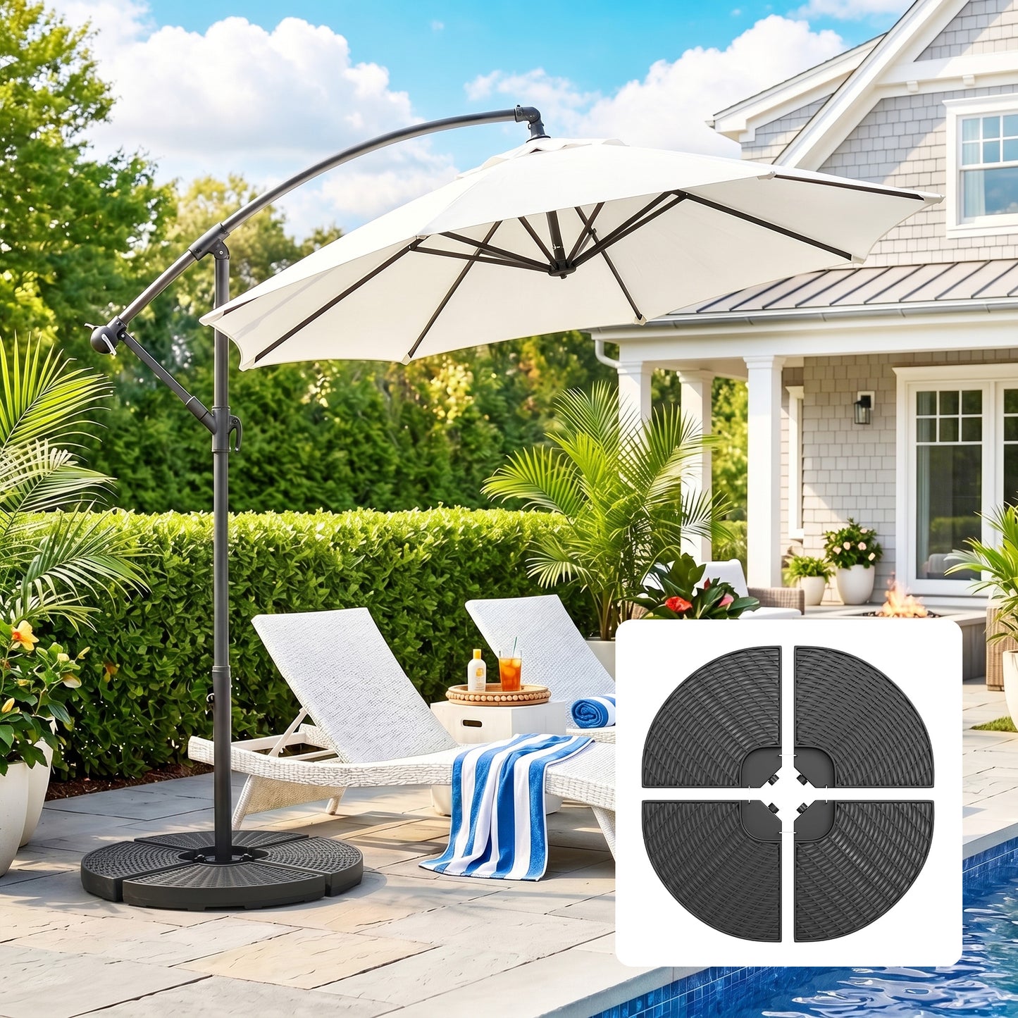4PCs Cantilever Umbrella Base Weights for Offset Banana Parasol, Wicker Effect HDPE Water or Sand Filled Patio Umbrella Weights with Built-in Handles, Black