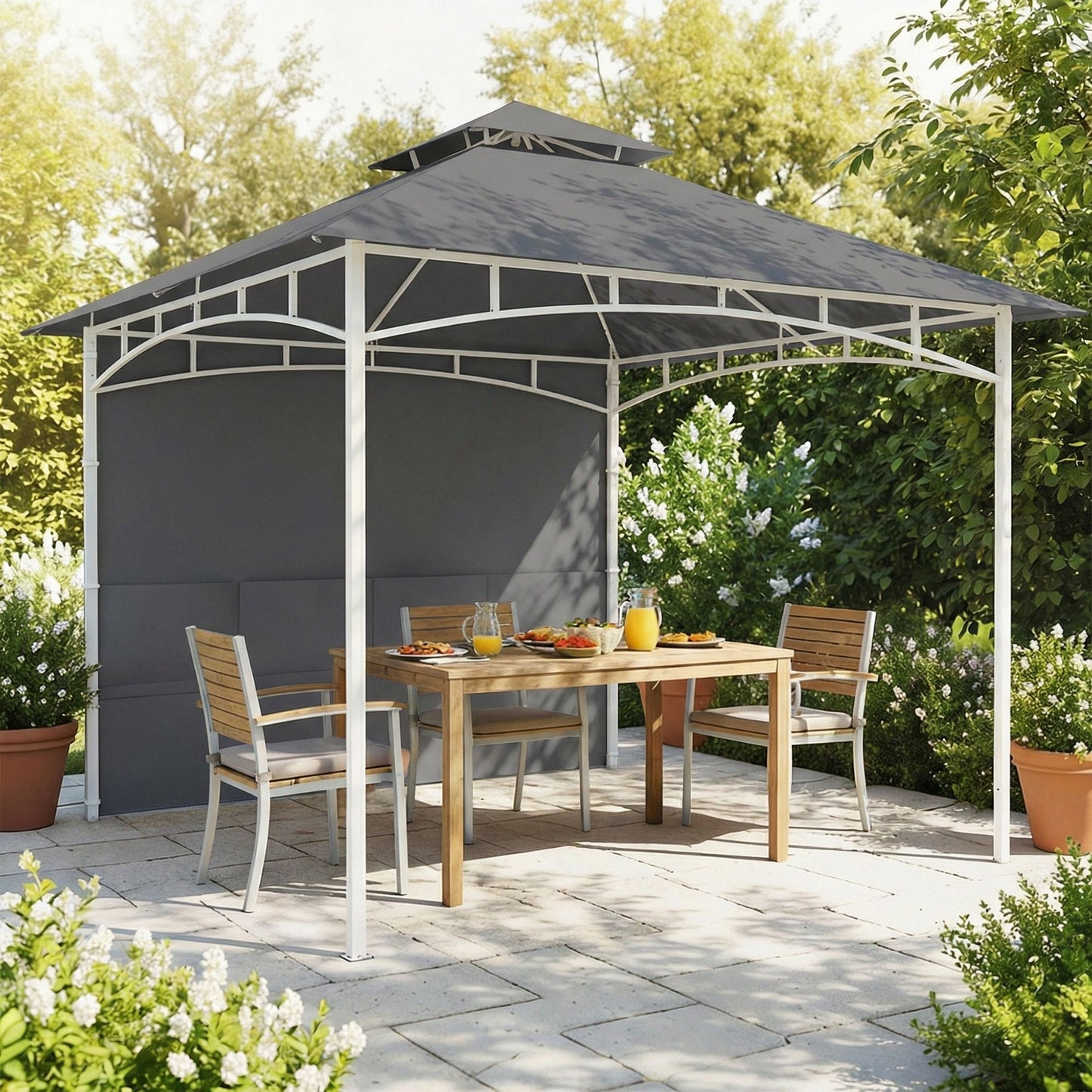10' x 10' Patio Gazebo, Double Roof Outdoor Gazebo Canopy Shelter with Storage, Hook, Metal Frame, Dark Grey