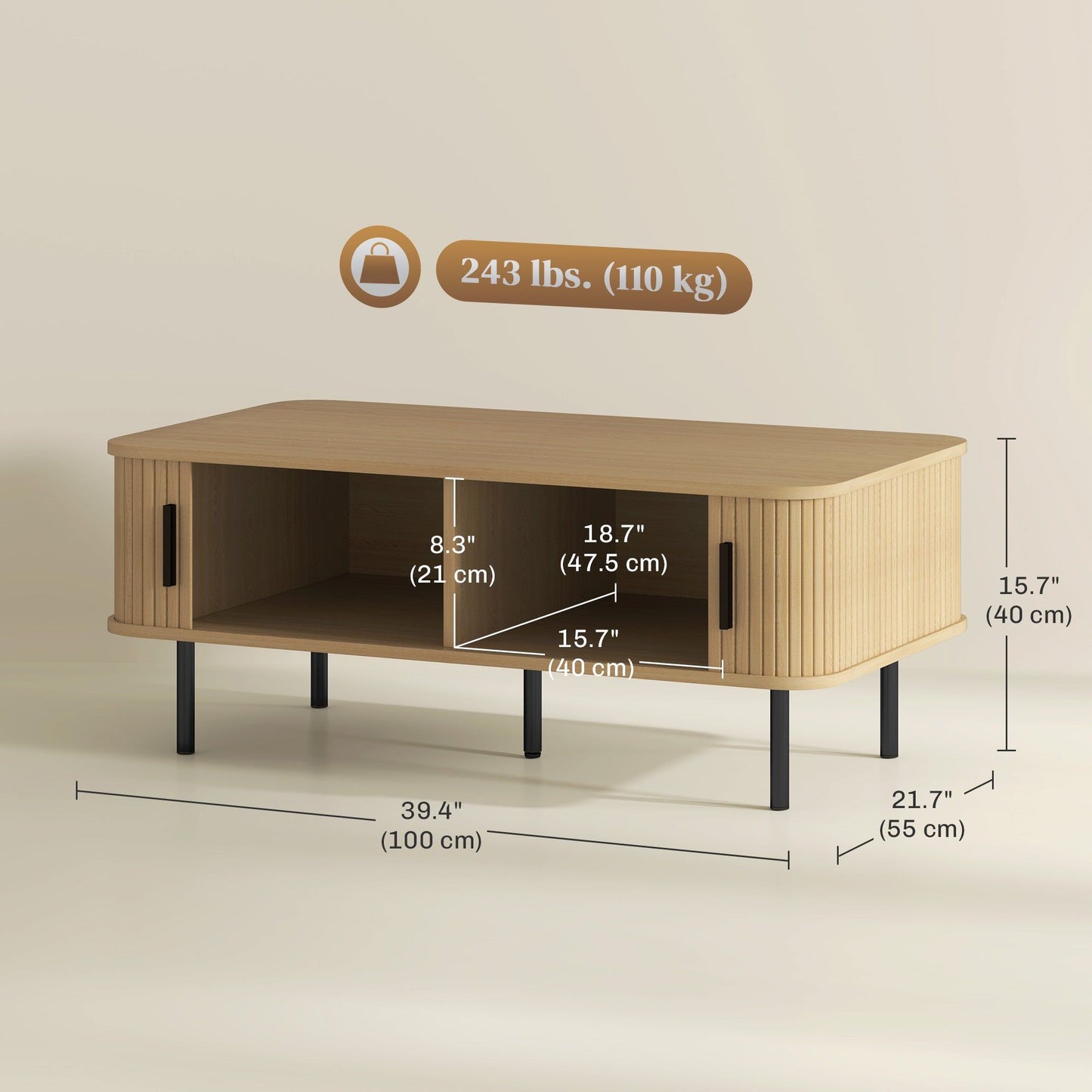Coffee Table with Fluted Sliding Doors & Storage - Oak