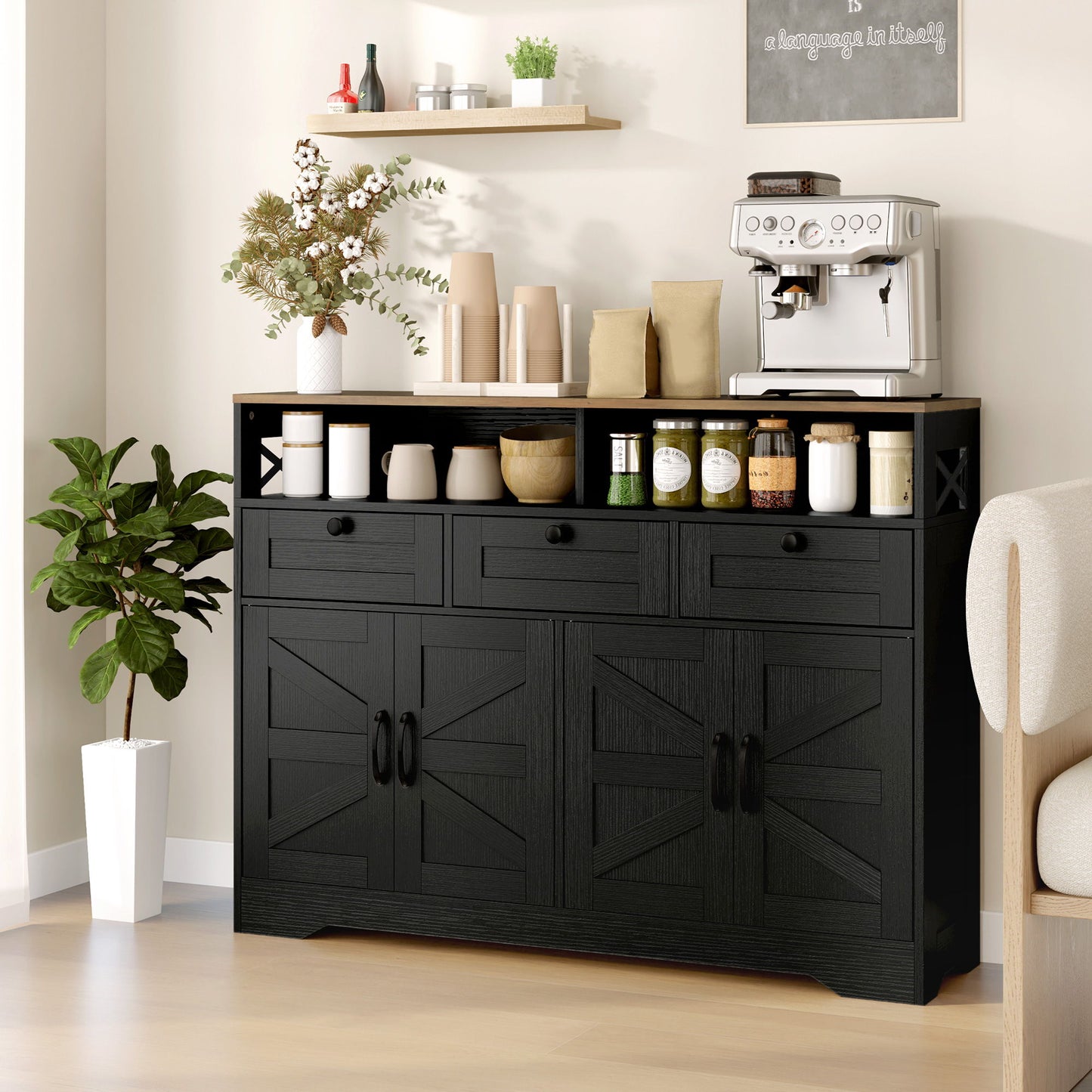 Sideboard, Buffet Cabinet with 4 Barn Doors and 3 Drawers, Coffee Bar Cabinet with Adjustable Shelves, Black