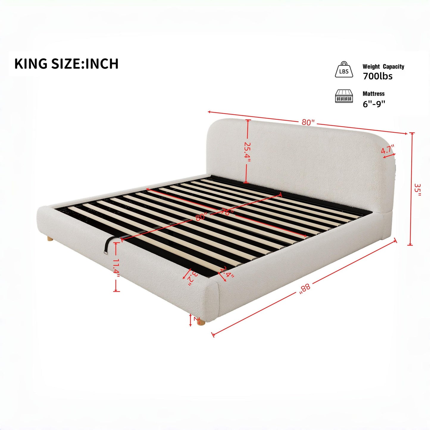 King Size Hydraulic Lift Storage Bed with Upholstered Curved Headboard, Hidden Under-Bed Storage for Bedroom, 86'' L x 80'' W x 35'' H, White