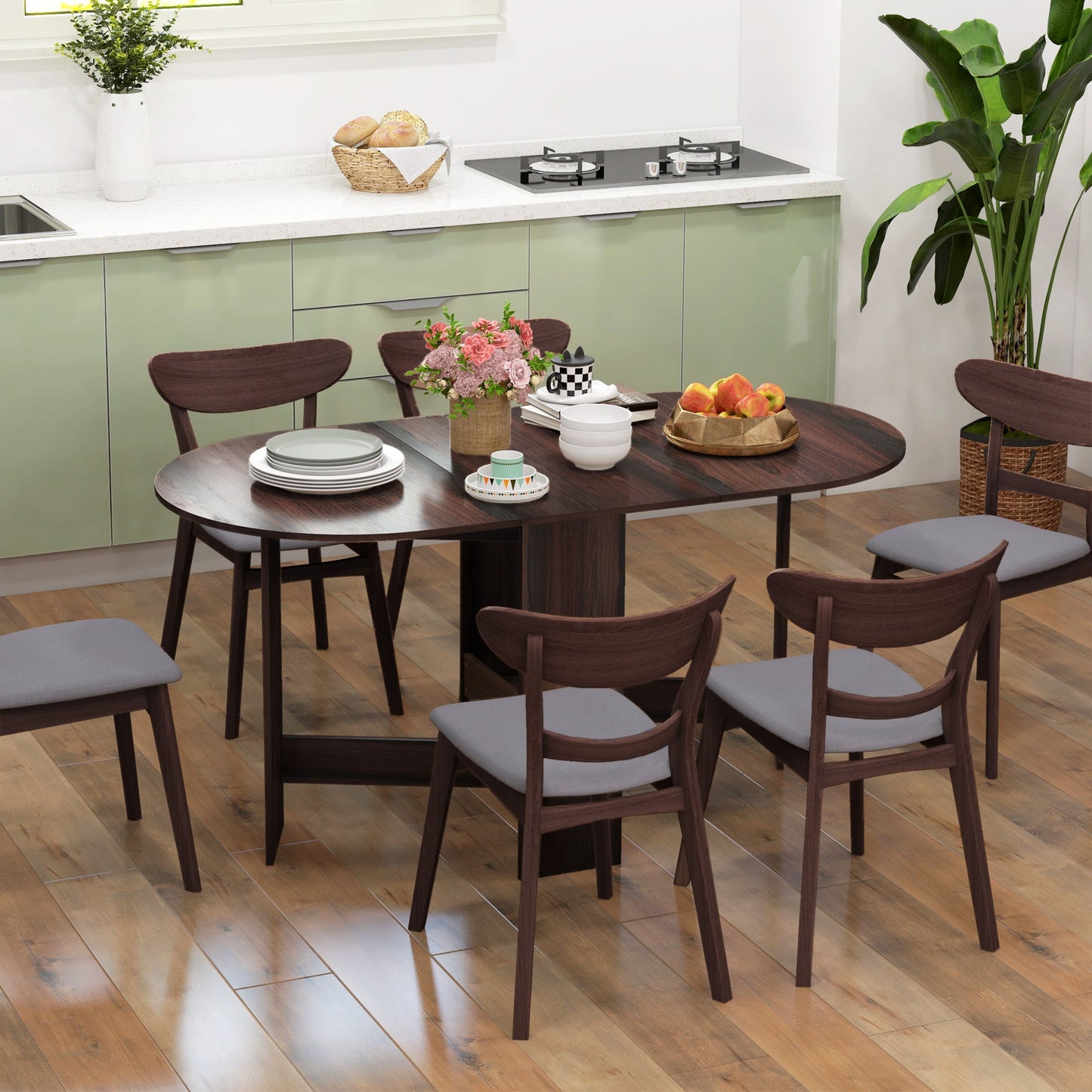 Oval Folding Dining Table, Space Saving Drop Leaf Kitchen Table for Dining Room, Living Room, Distressed Brown