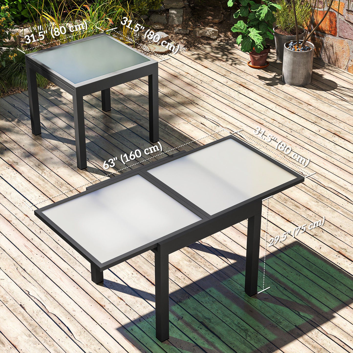Extendable Patio Dining Table, Tempered Glass Aluminum Outdoor Table for Garden Lawn Backyard, Clear