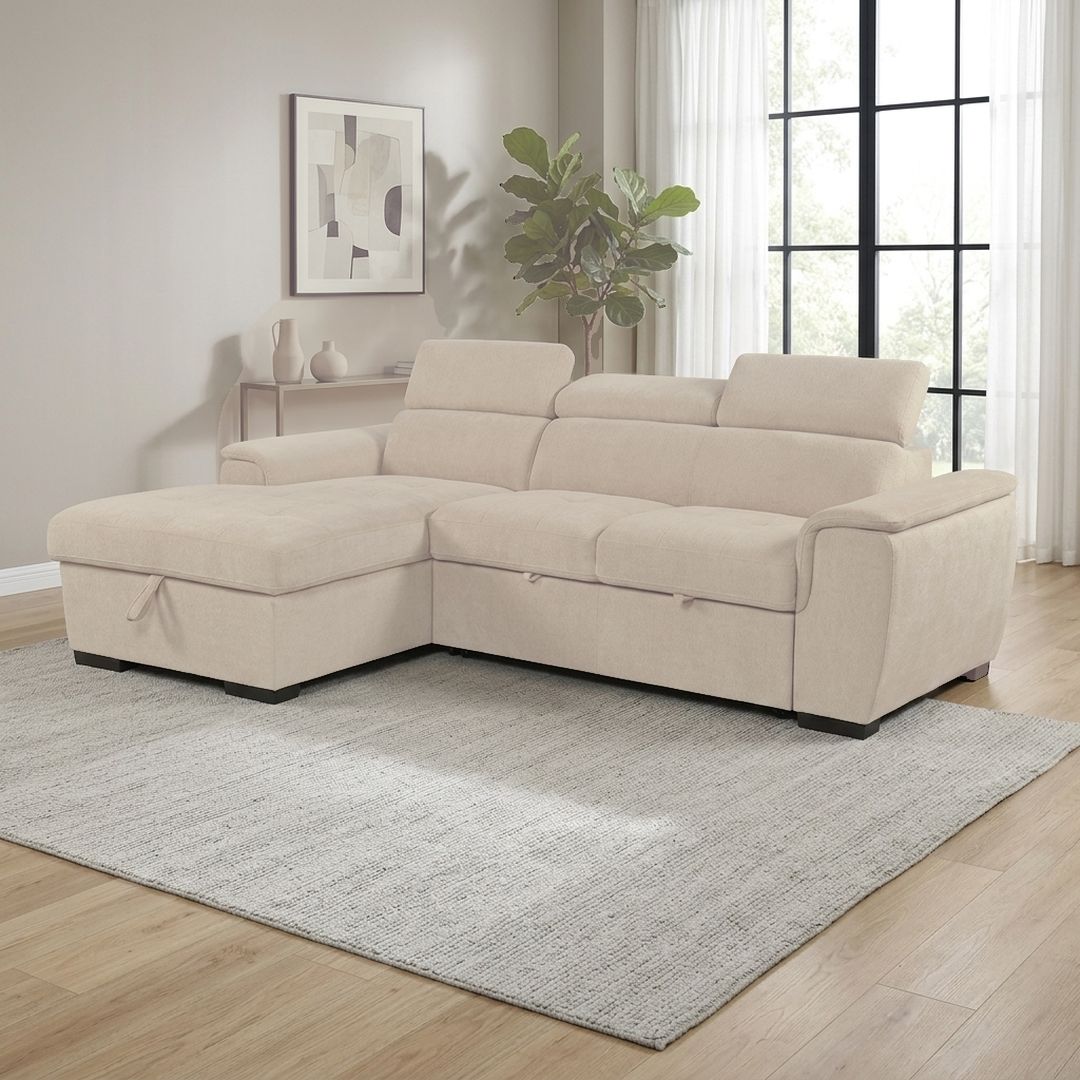 Jordan sleeper sectional in linen beige, left-facing storage chaise, in a bright modern living room