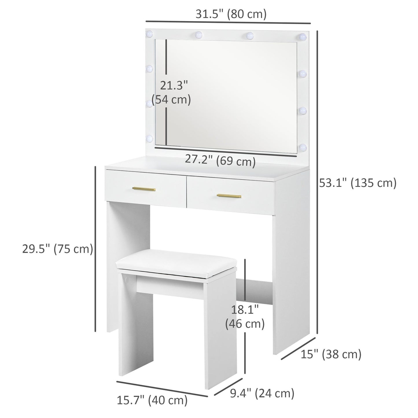 Makeup Vanity Desk Set with LED Mirror and Stool - White
