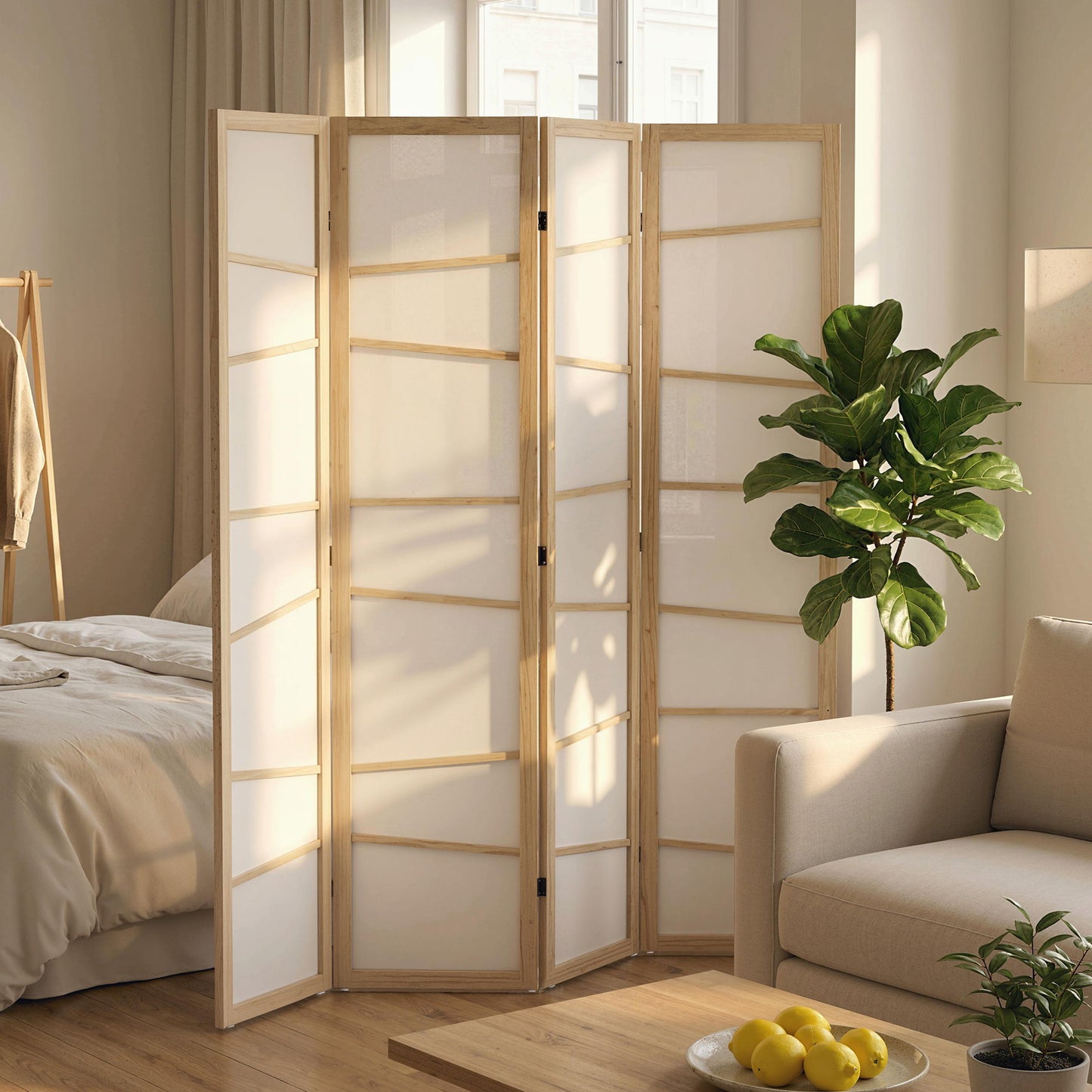 66.9" Folding Room Divider, 4 Panel Wall Partition with Wood Frame for Bedroom, Home Office, Natural Wood