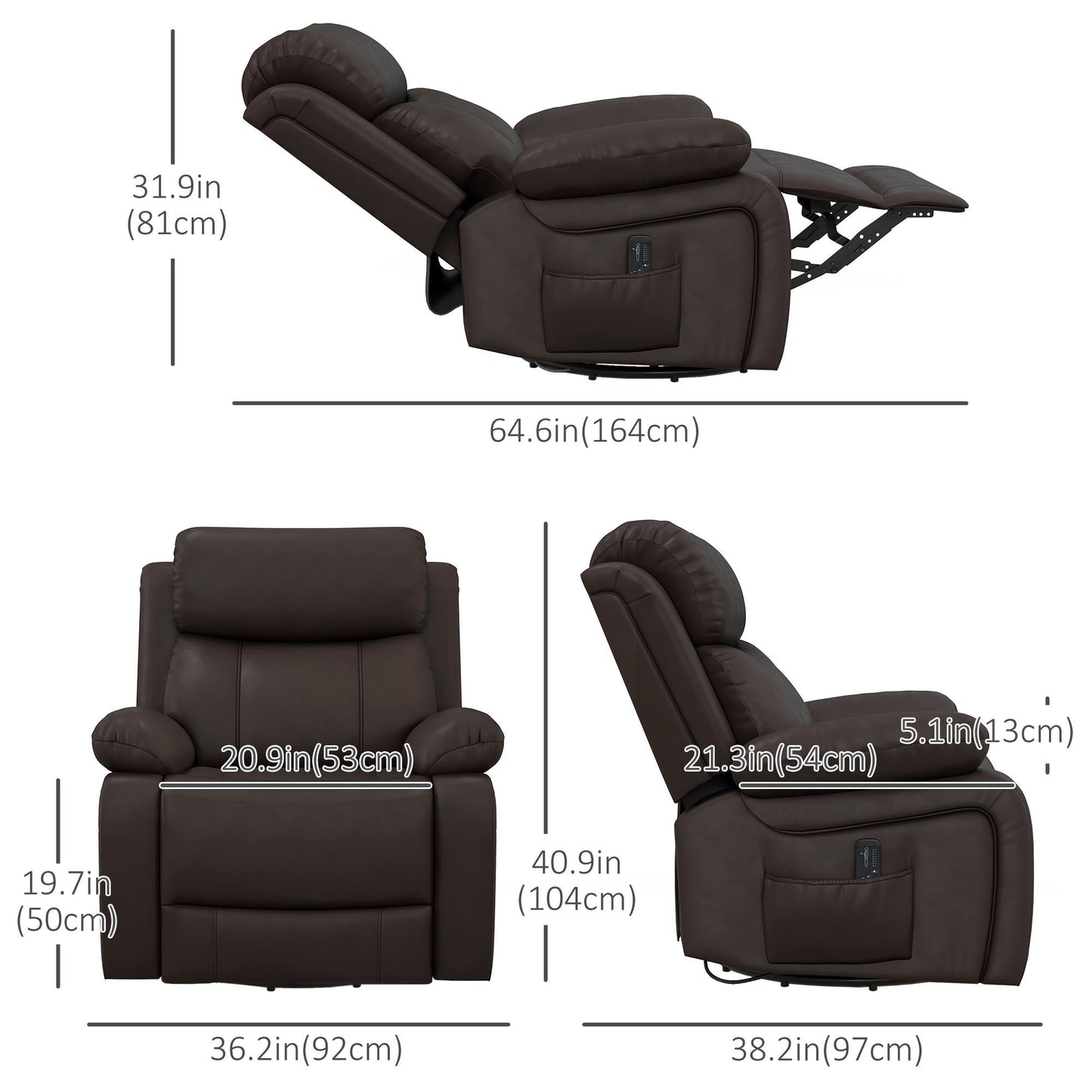 PU Leather Swivel Massage Recliner with Remote - Brown