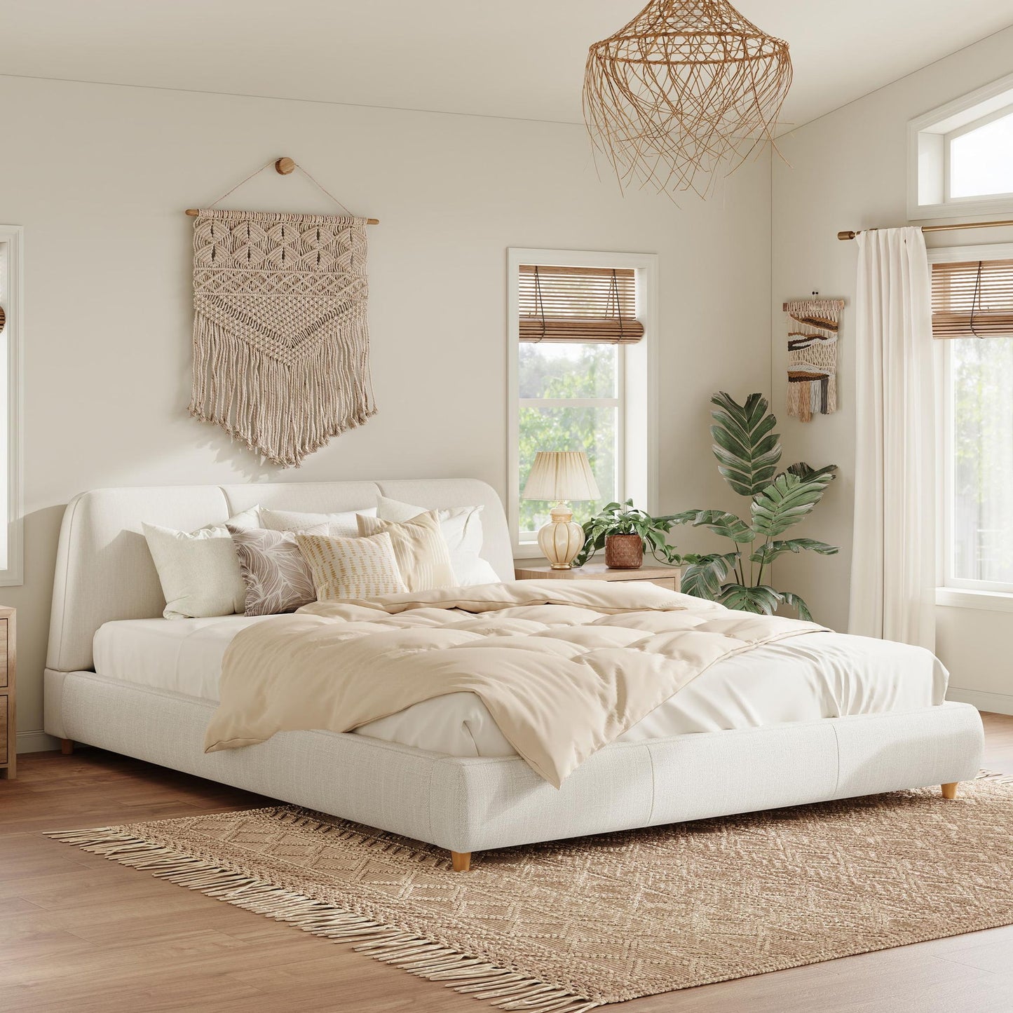 Modern Minimalist Upholstered Bed with Soft Padded Headboard, Platform Bed with Rubberwood Legs, 88'' L x 65.5'' W x 33.5'' H, White