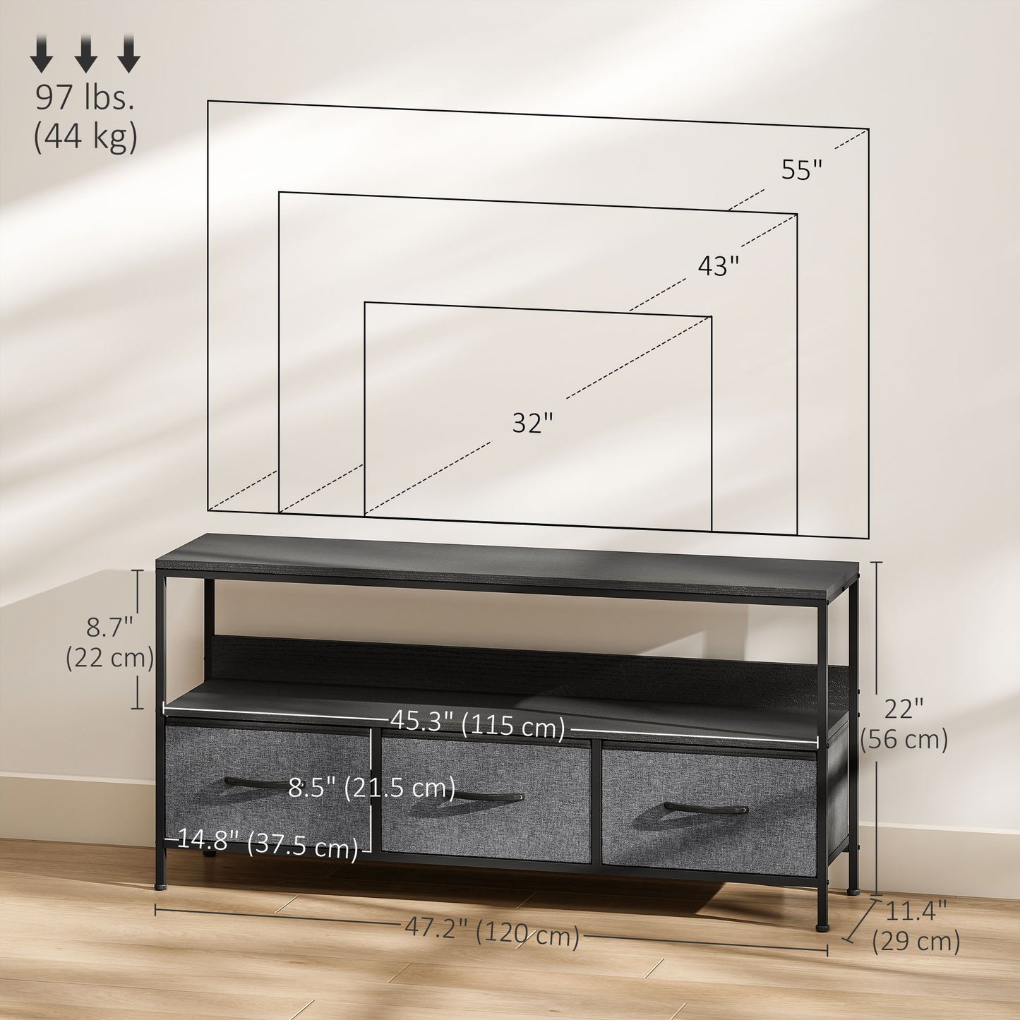 TV Stand with Charging Station, TV Table with 3 Foldable Linen Drawers and Open Shelf for 55 Inch Television, Black