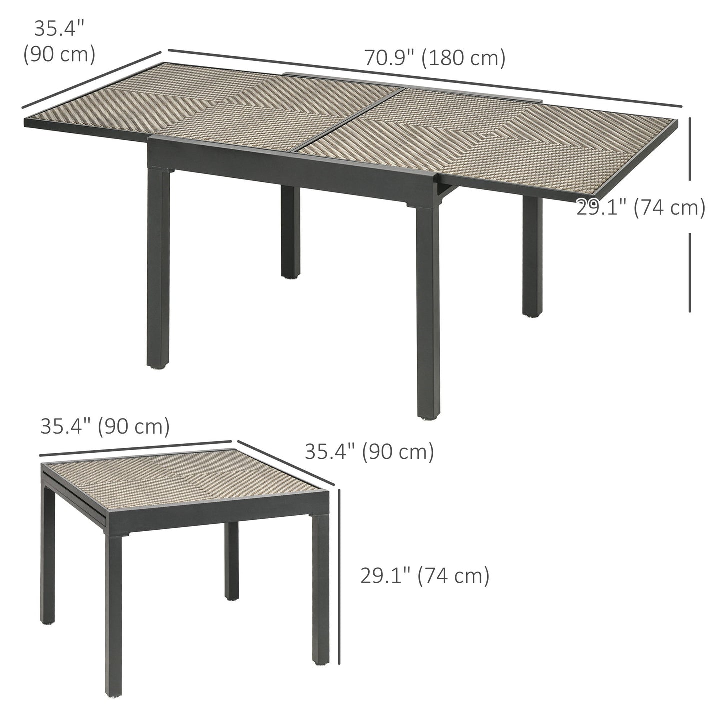 Extendable Rattan Dining Table, Patio Retractable Table, Aluminum Frame, 35.4"/70.9" x 35.4", Mixed Brown